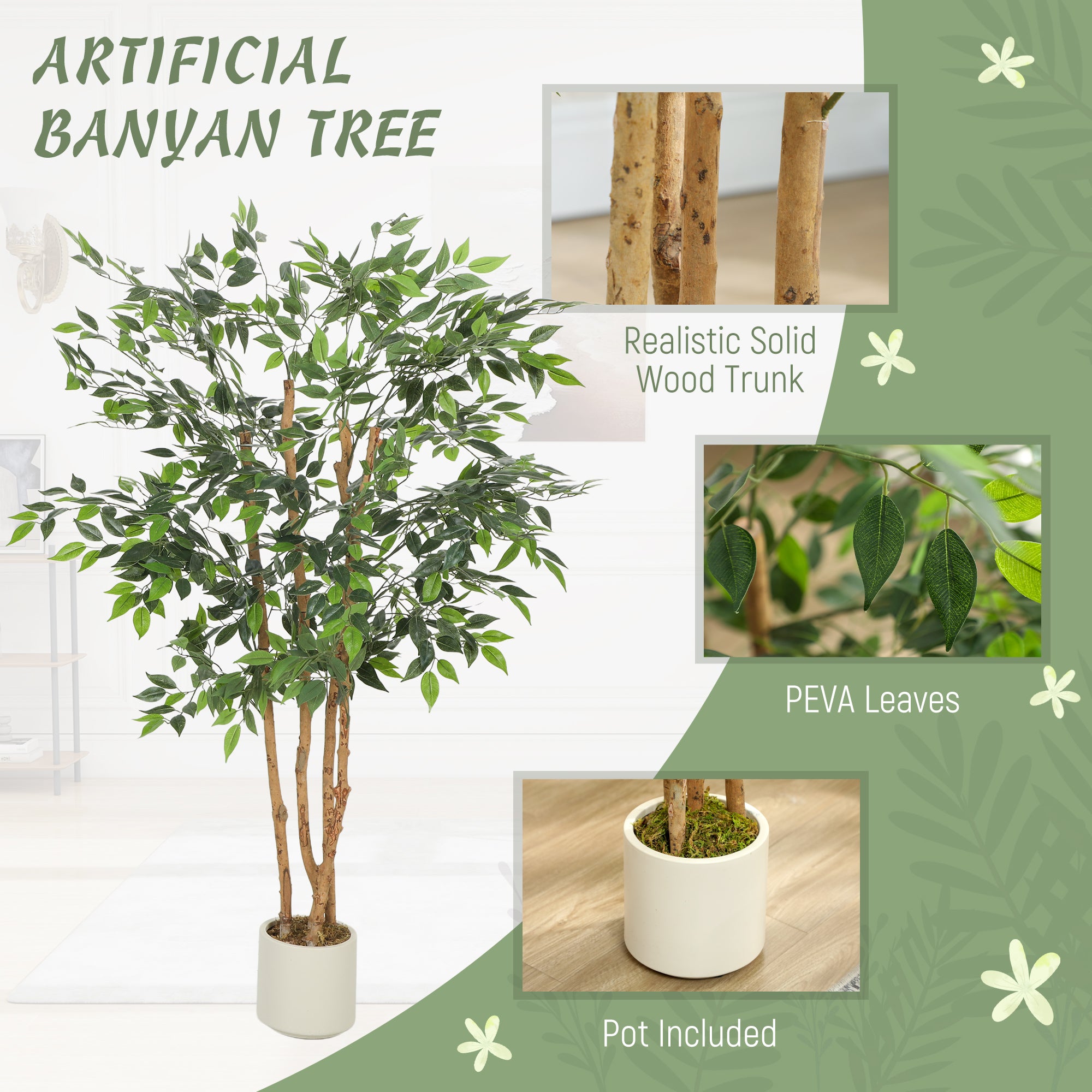 5FT Artificial Banyan Tree Set of 2, Fake Potted Tree with Solid Wood Trunk and Pot for Indoor