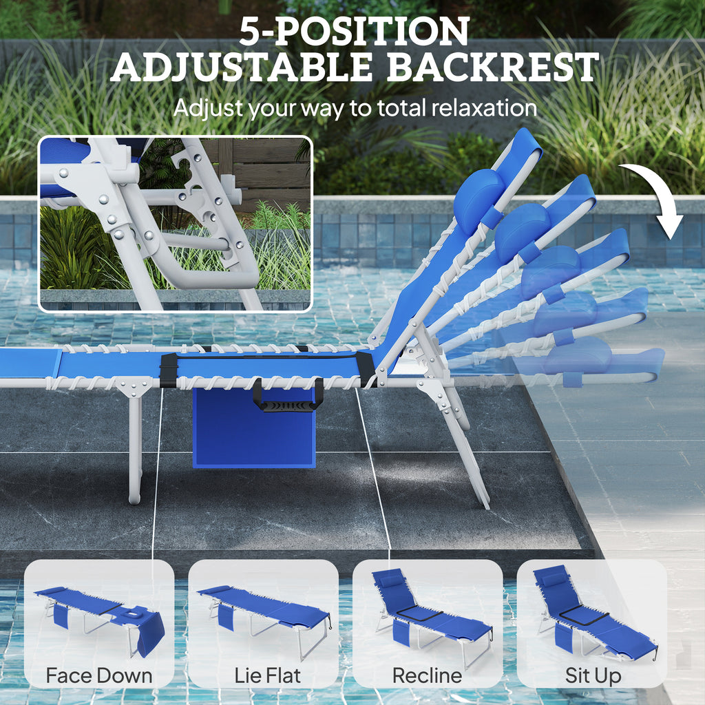 Tanning Chair with Face Hole and Side Table, Folding Outdoor Lounge Chair with Carry Straps, Side Pocket, Navy Blue