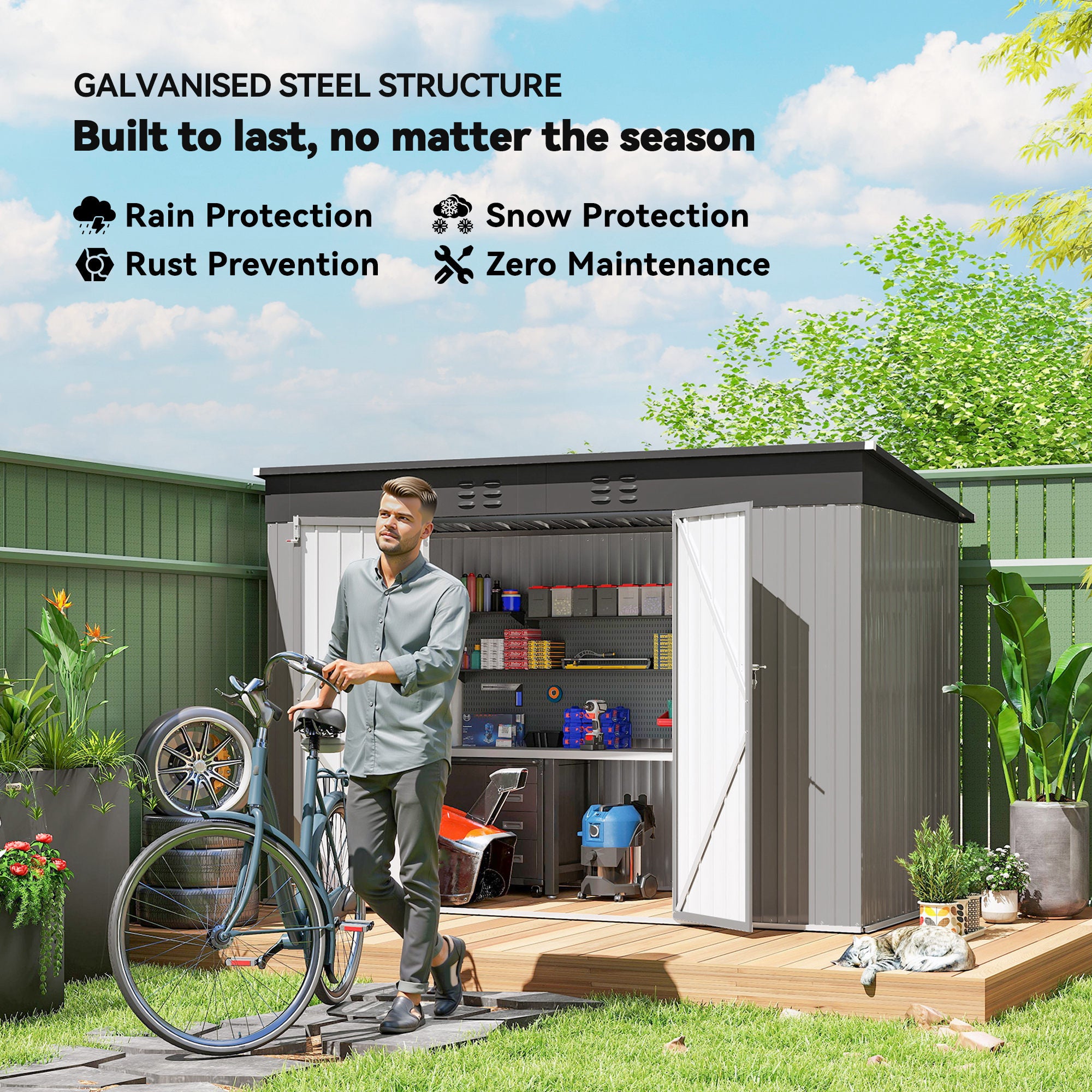 9' x 4' Galvanized Steel Garden Storage Shed with Lockable Doors, Gloves and 2 Air Vents for Backyard, Patio, Lawn