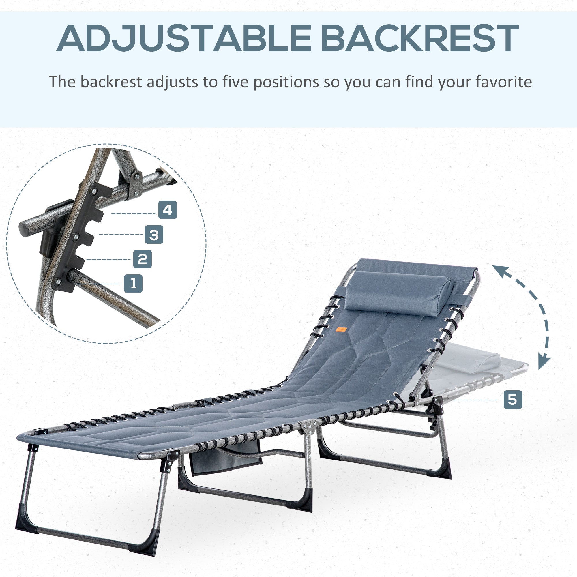 Outdoor Lounge Chair, Folding Chaise Lounge, Patio Padded Tanning Chair with 5-position Adjustable Backrest, Pillow and Pocket for Deck, Beach, Lawn and Sunbathing, Grey