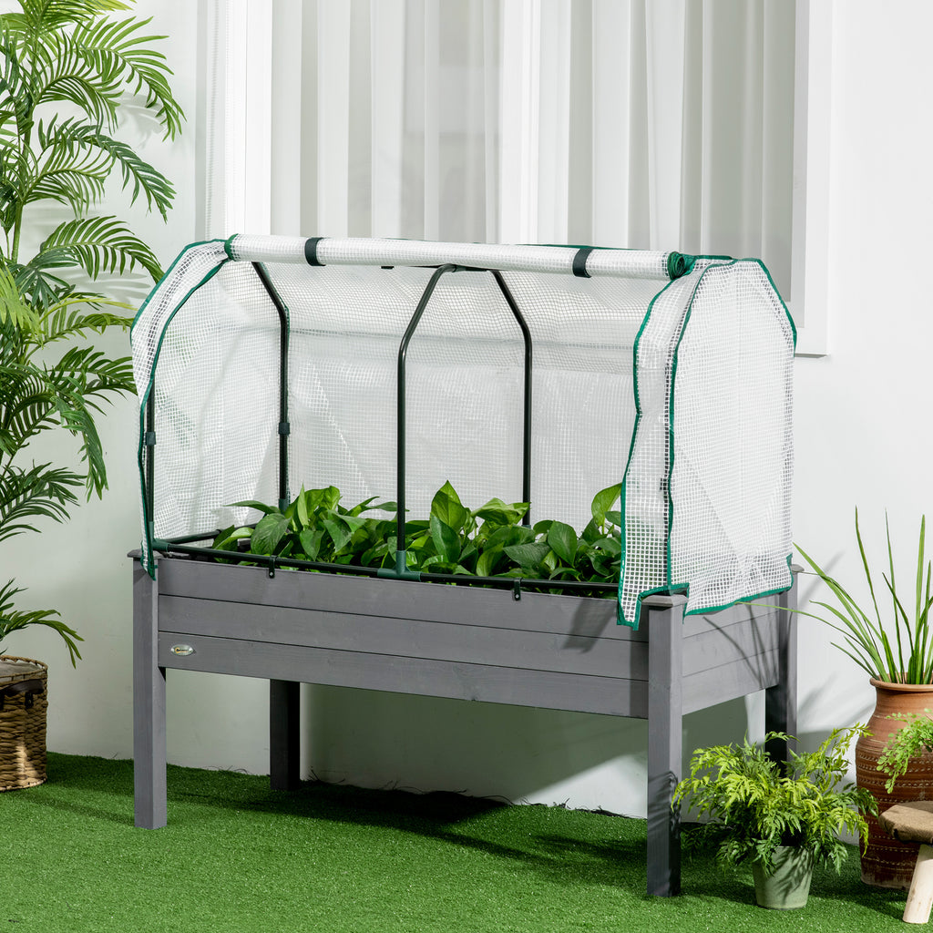 Raised Garden Bed with PE Greenhouse Cover Outdoor Elevated Wood Planter Box for Herbs and Vegetables Dark Gray