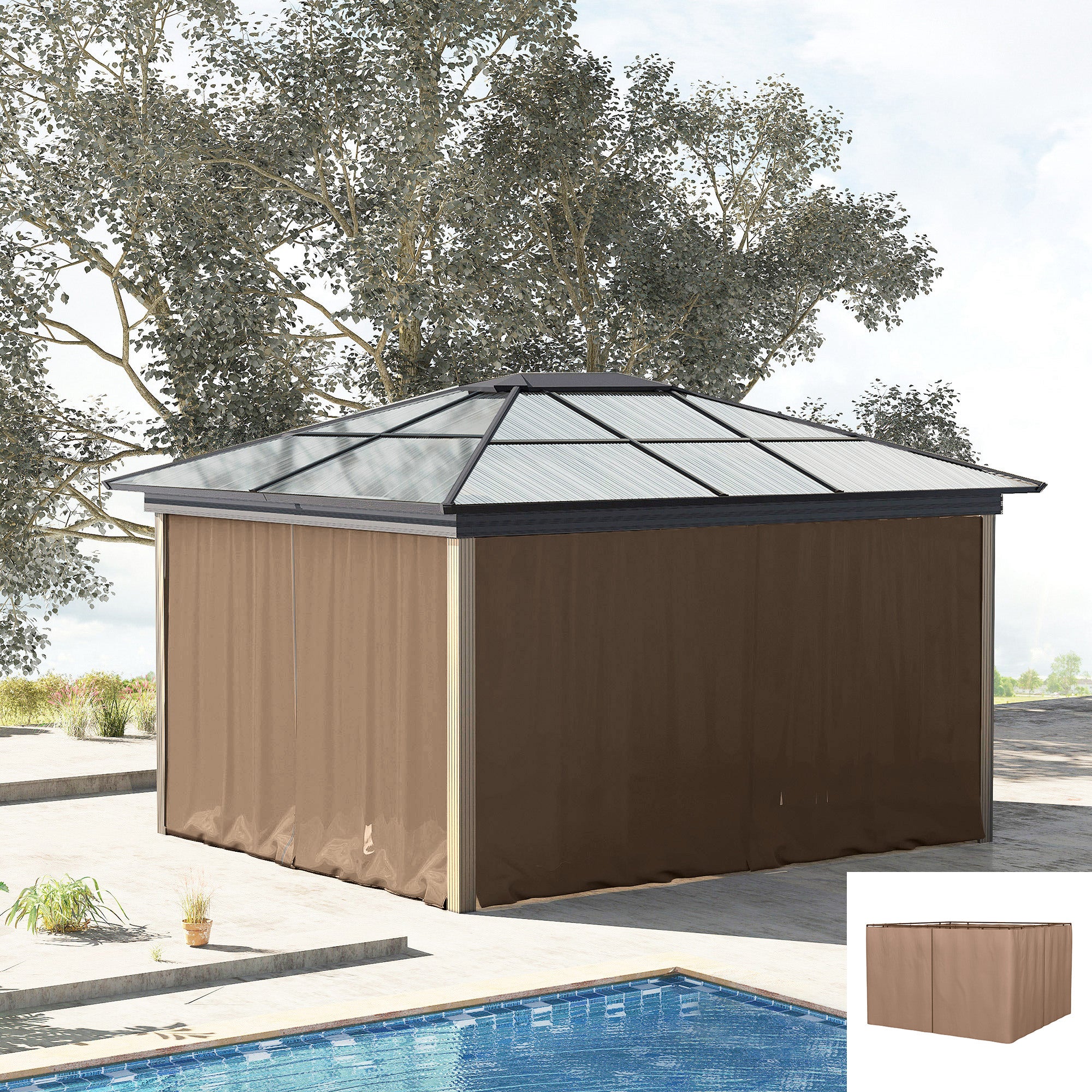 Gazebo Curtains, 10' x 10' Universal Replacement Privacy Curtain, 4-Panels Sidewall with Hooks/C-Rings, Brown