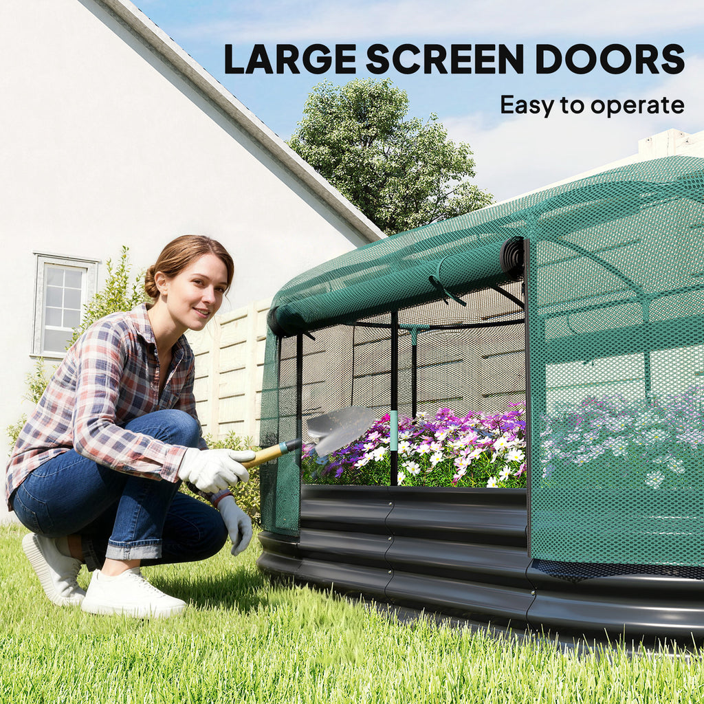 Galvanized Raised Garden Bed with Crop Cage and Watering System, 6' x 3' Outdoor Planter Box, Dark Grey