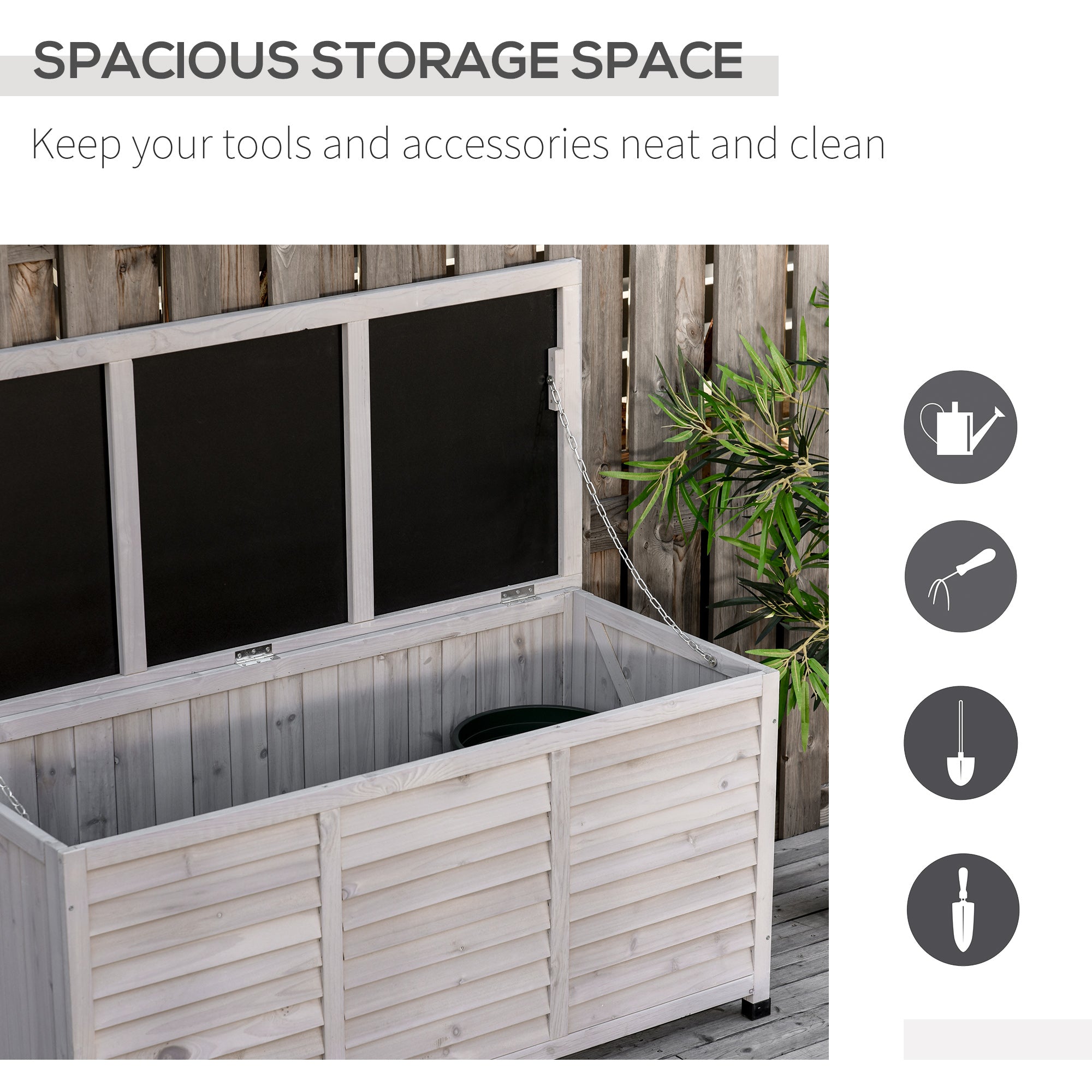 75 Gallon Wooden Storage Box patio Deck Box Bench, Garden Backyard Outdoor Storage Container with Aerating Gap & Weather-Fighting Finish, Grey