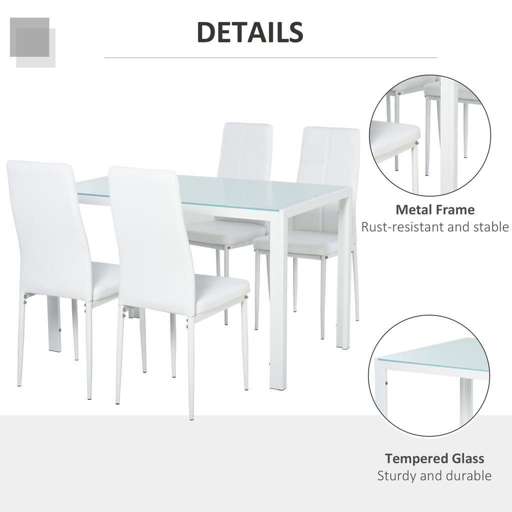 5-Piece Rectangular Glass Kitchen Table and Chairs with Metal Frame and Faux Leather Upholstery for Dining Room, White
