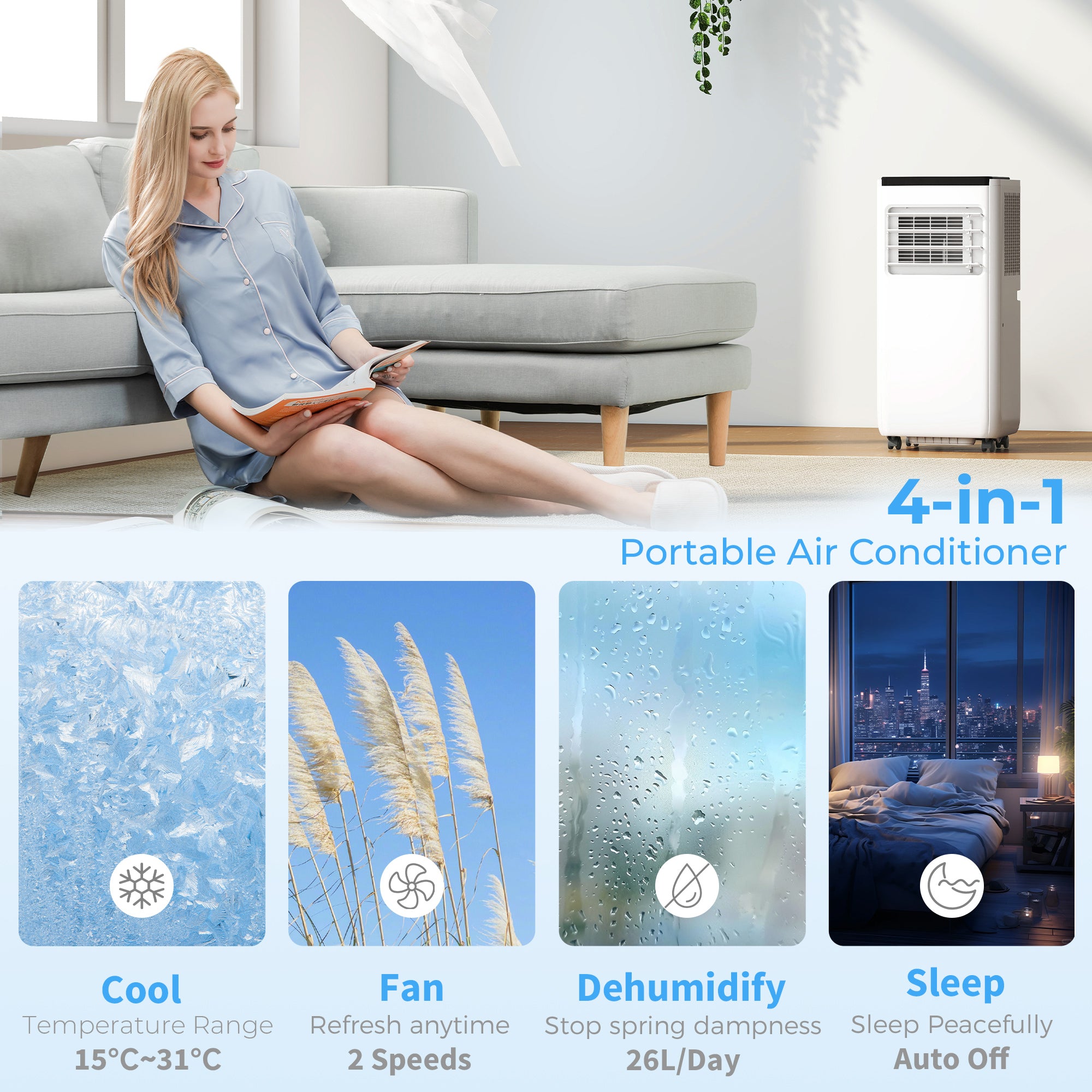10000 BTU Portable 4-in-1 Air Conditioner with Cool, Dehumidifier, Fan, Sleep, WiFi Voice Remote Control, White