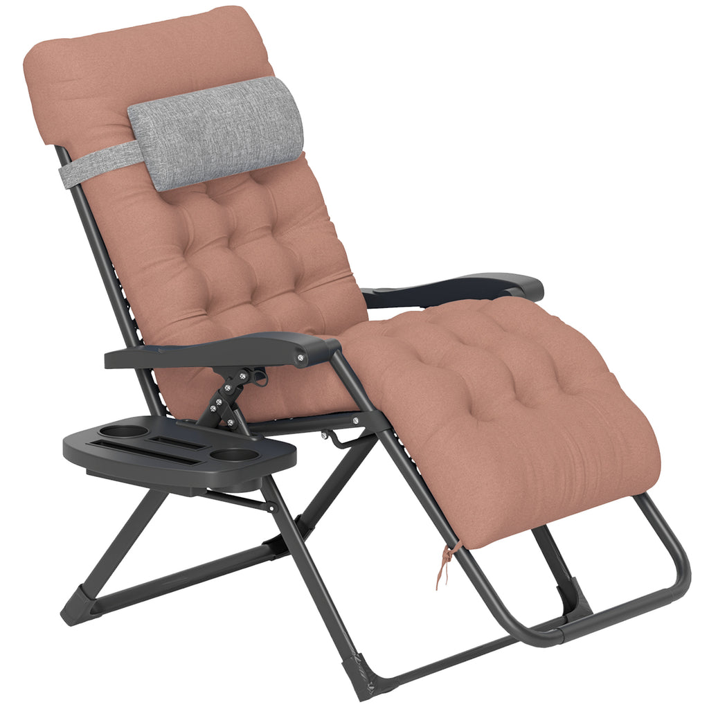 Padded Folding Recliner Chair, Patio Lounger with Cupholder, Adjustable Backrest, Removable Cushion, Khaki