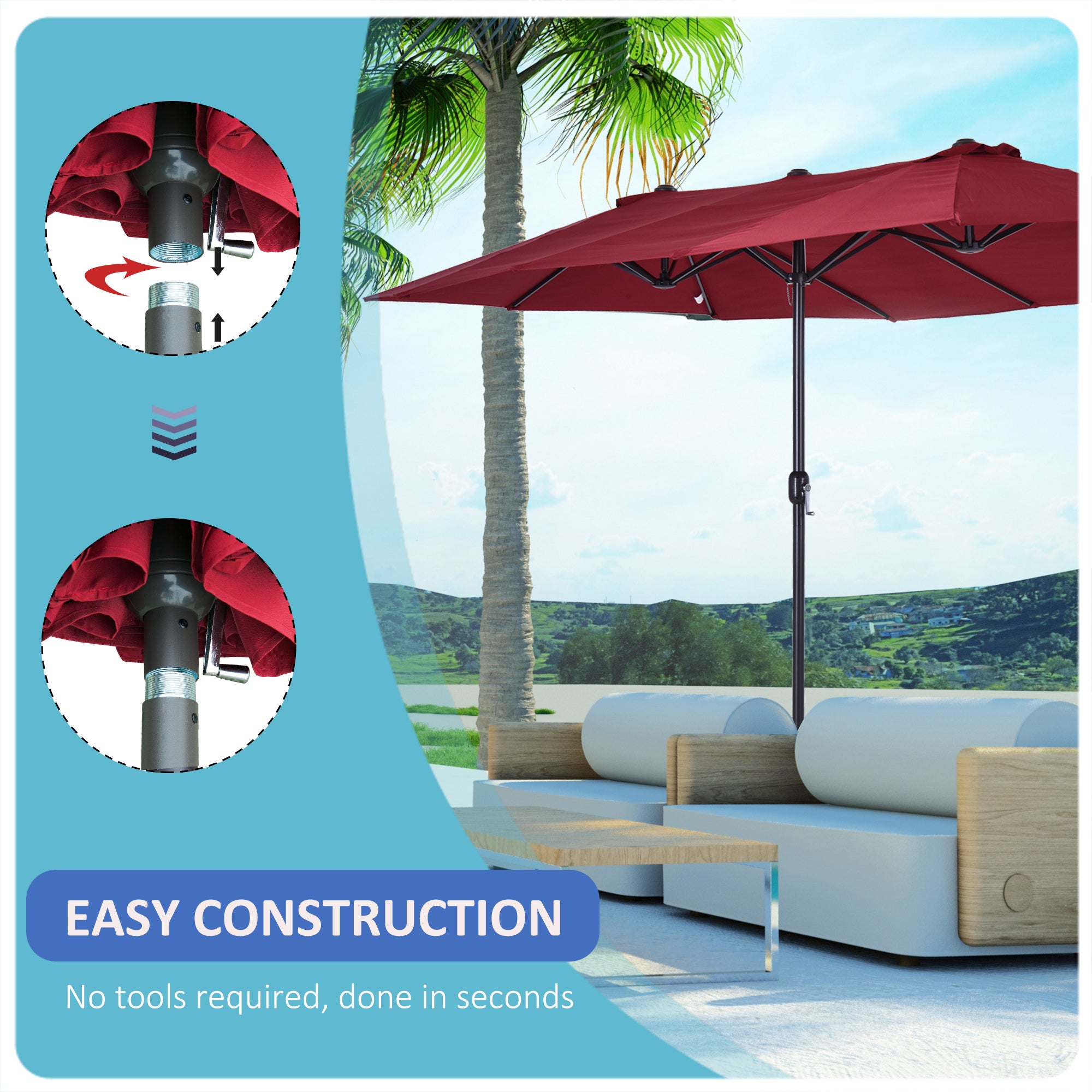 15ft Double-sided Patio Umbrella with Twin Canopy, Extra Large Outdoor Parasol with Crank for Pool, Deck, Market, Wine Red