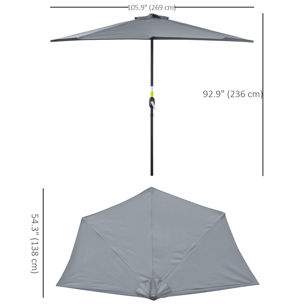 9ft Half Round Patio Umbrella, Outdoor Market Patio Table Umbrella Parasol with Crank Mechanism, 5 Ribs, Grey