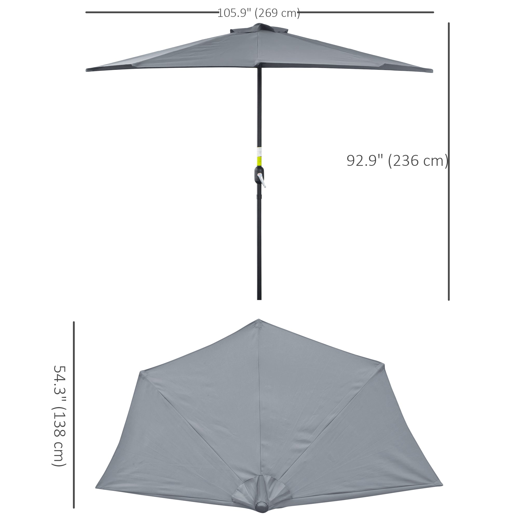 9ft Half Round Patio Umbrella, Outdoor Market Patio Table Umbrella Parasol with Crank Mechanism, 5 Ribs, Grey