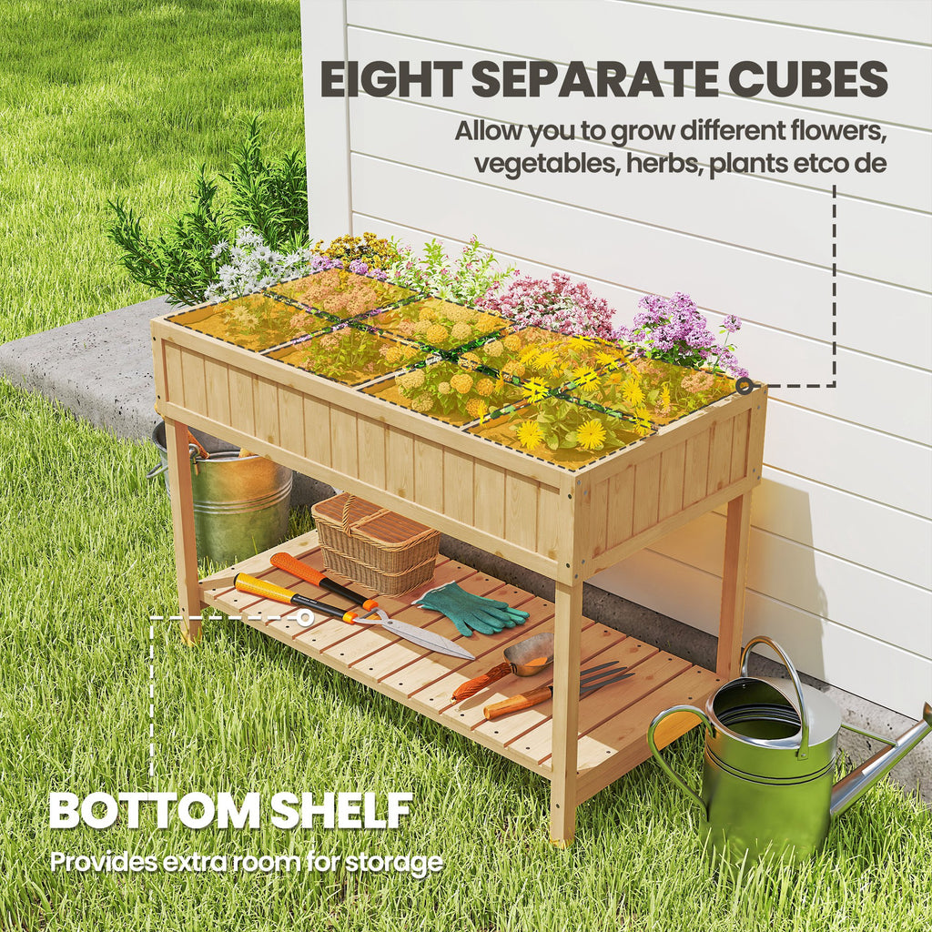 43.25" x 18" x 30" Raised Garden Bed, Wooden Plant Stand with 8 Grid Box, Storage Shelf for Outdoor, Natural Wood Colour