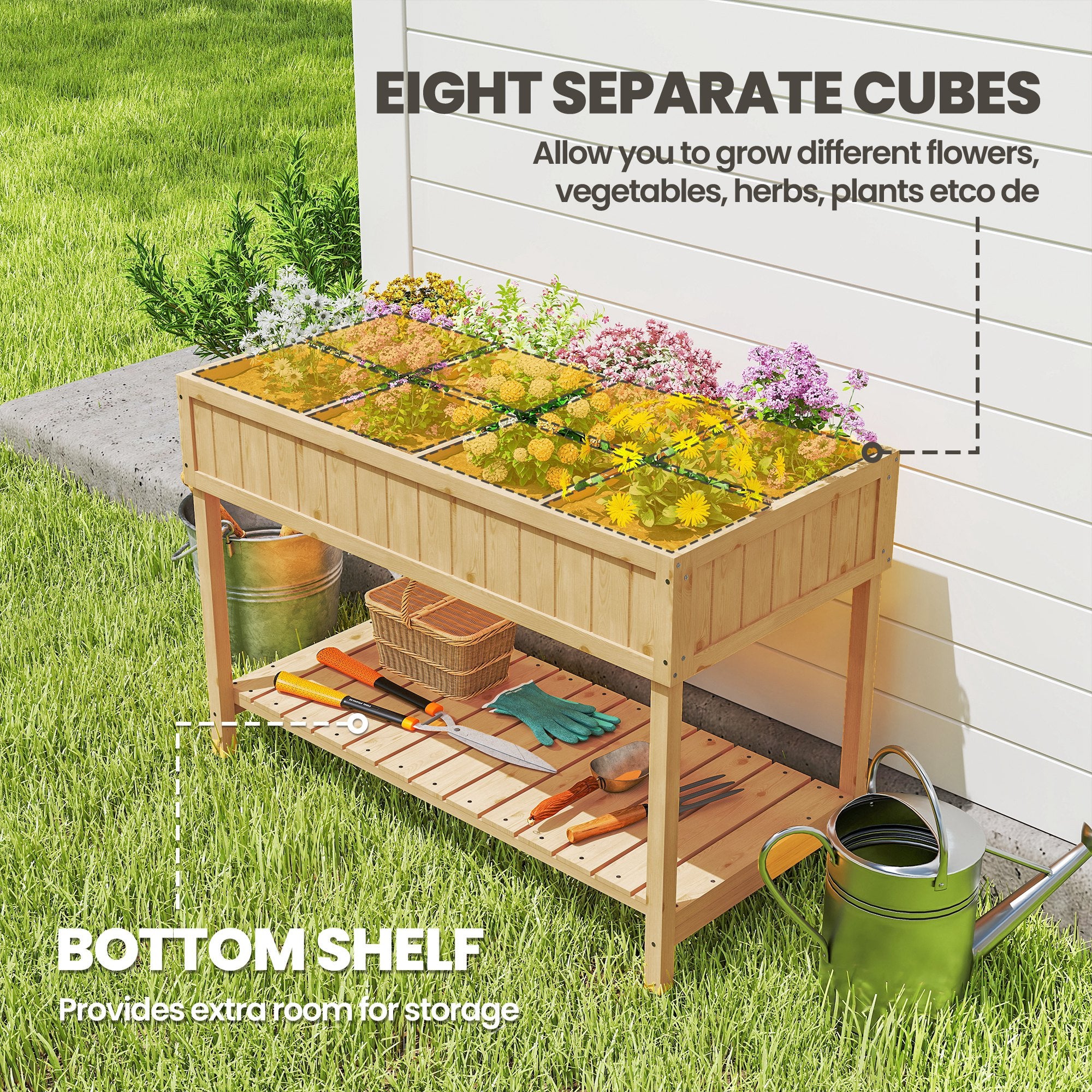 43.25" x 18" x 30" Raised Garden Bed, Wooden Plant Stand with 8 Grid Box, Storage Shelf for Outdoor, Natural Wood Colour