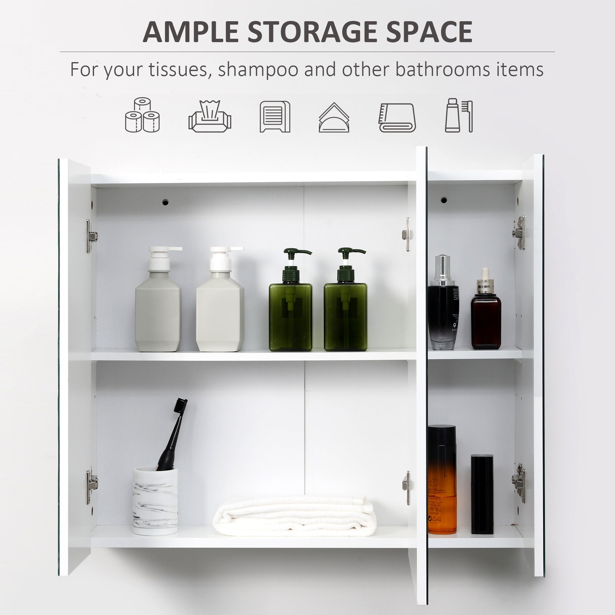 28" x 24" Wall Mounted Mirror Cabinet, Bathroom Medicine Cabinet with Mirror, 3 Doors and Adjustable Shelves, White