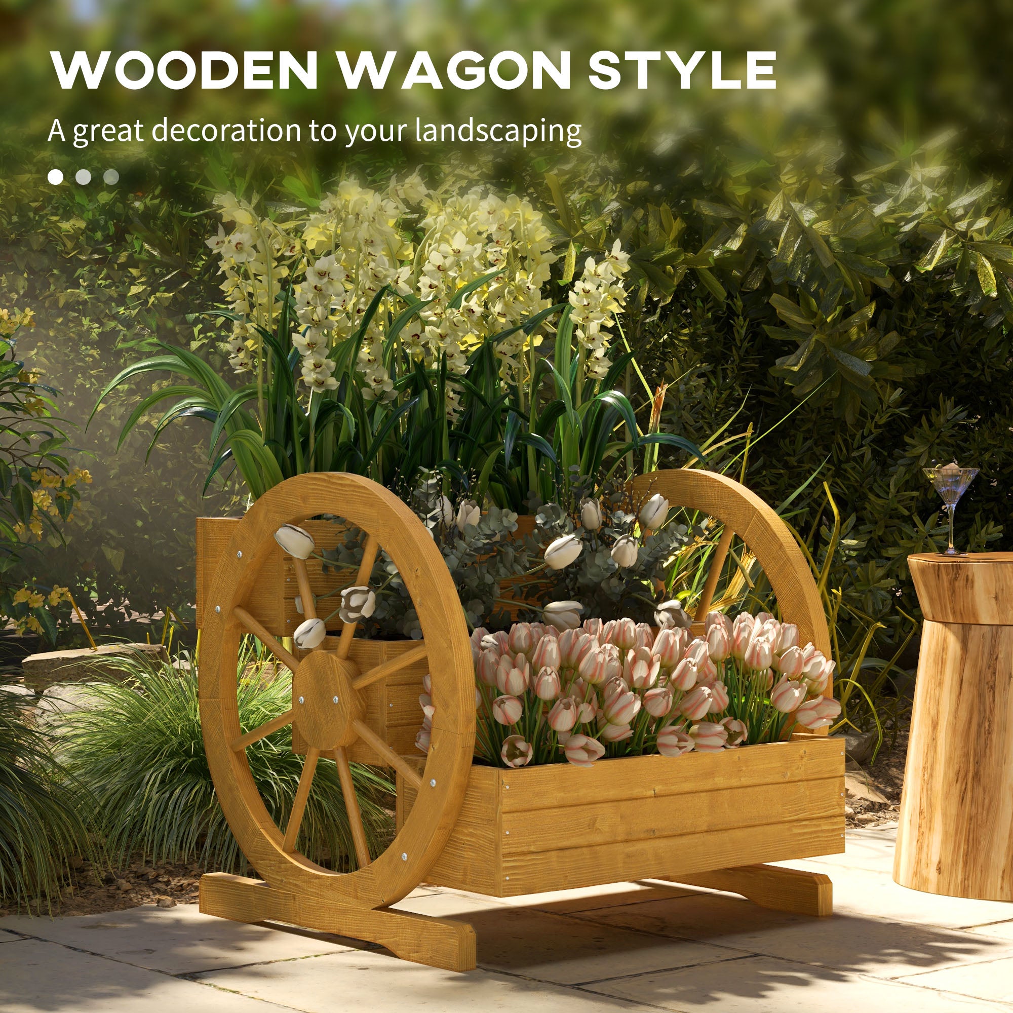 Wooden Wagon Planter Box, 3-Tier Raised Garden Bed, for Vegetables Flowers Herbs, 24" x 24" x 22"