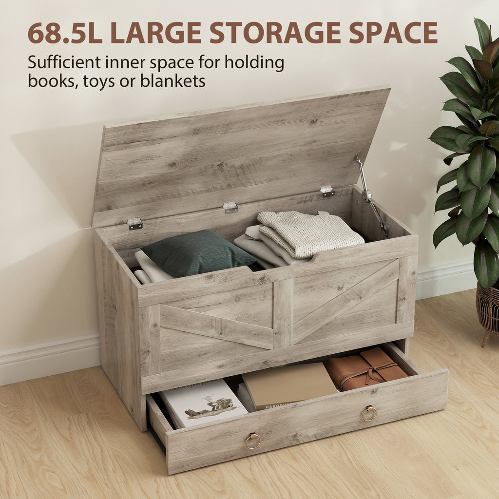31.5 Inches Storage Chest, Storage Trunk with 2 Safety Hinges for Living Room, Grey Wood Grain