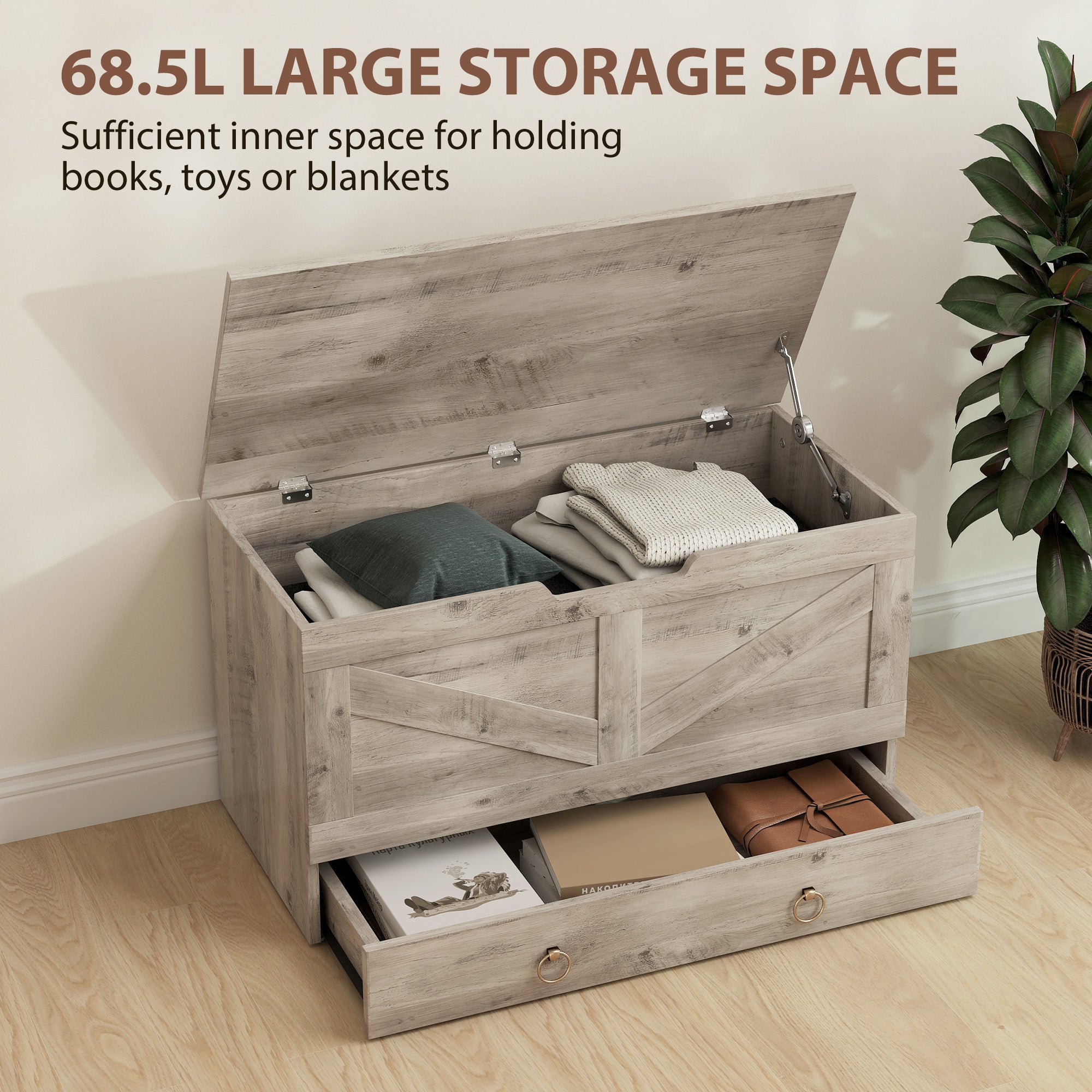 31.5 Inches Storage Chest, Storage Trunk with 2 Safety Hinges for Living Room, Grey Wood Grain