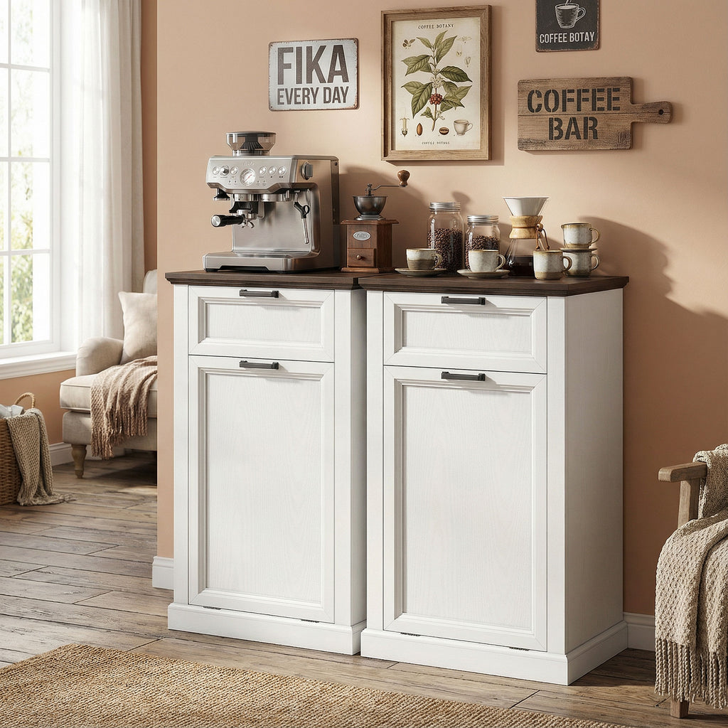 10 Gallon Trash Can Cabinet with Drawer, Farmhouse Tilt Out Garbage Cabinet Laundry Hamper, White Wood Effect