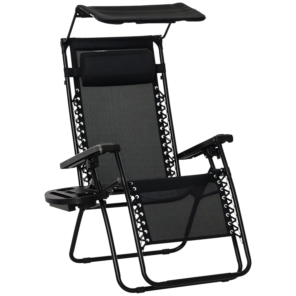 Outdoor Zero Gravity Reclining Lounger Chair with Canopy Shade, Side Tray, Cupholder, Black