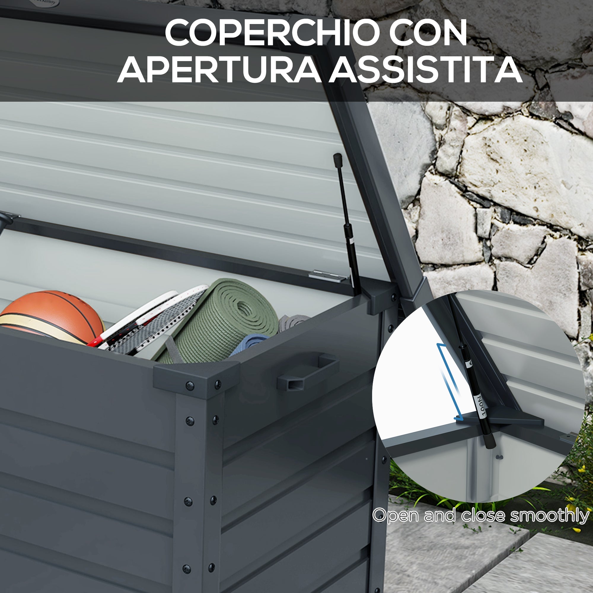 78 Gallon Garden Storage Box, Waterproof Outdoor Storage Container with Wheels and Handles, Dark Grey