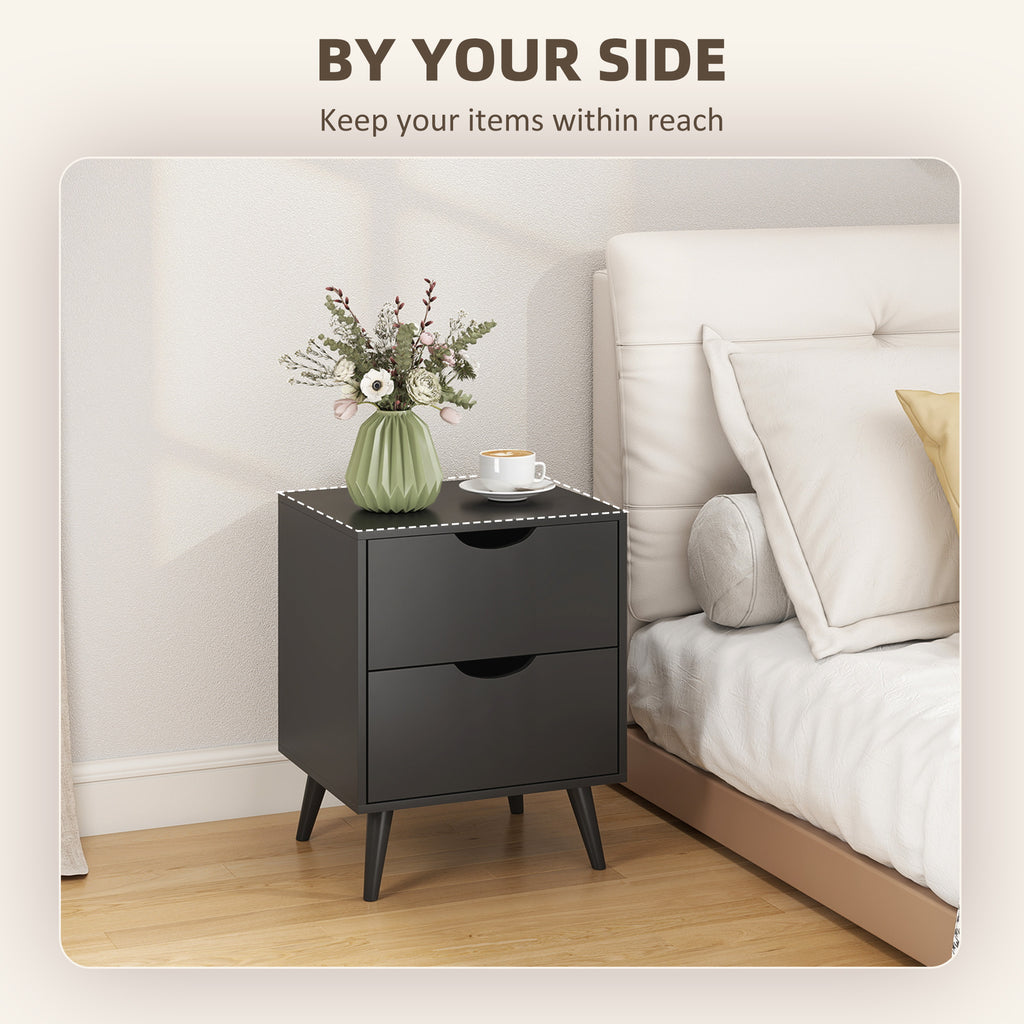 Modern Bedside Table Set of 2, Nightstand with 2 Drawers and Pine Wood Legs for Bedroom, Black