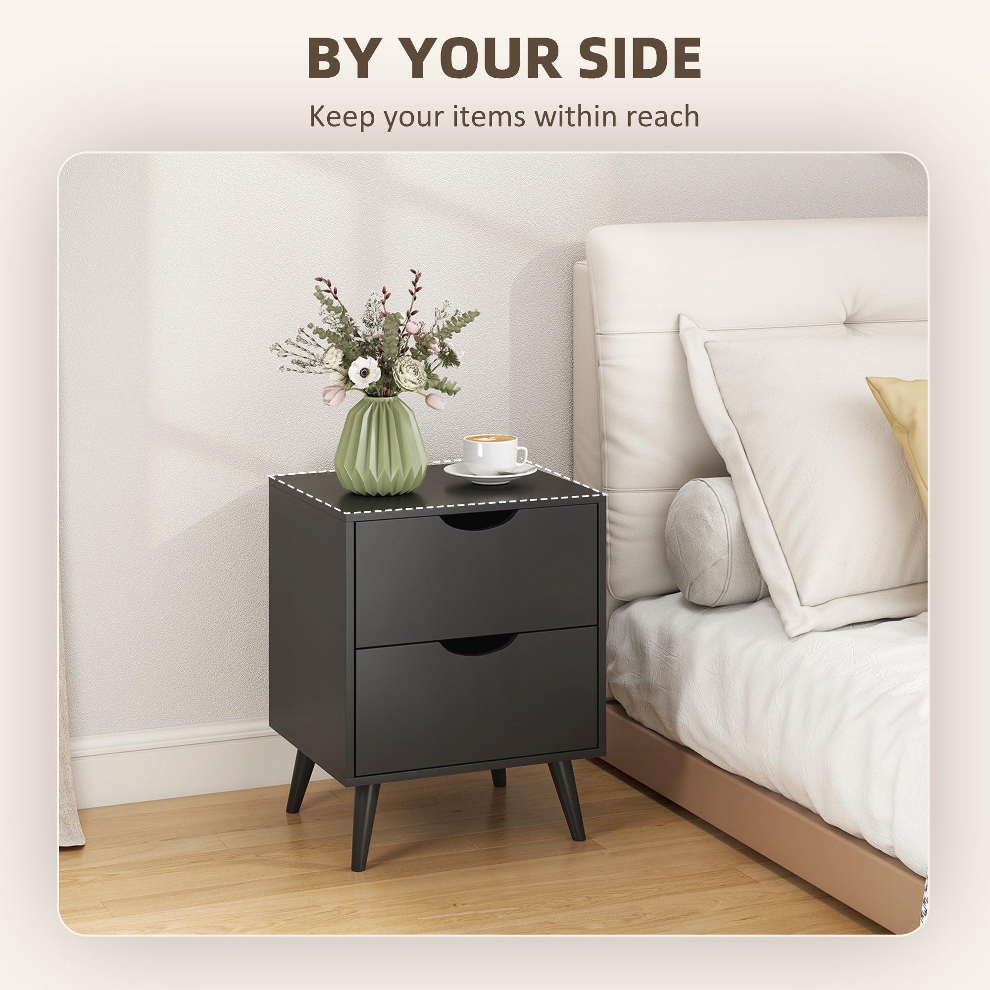 Modern Bedside Table Set of 2, Nightstand with 2 Drawers and Pine Wood Legs for Bedroom, Black