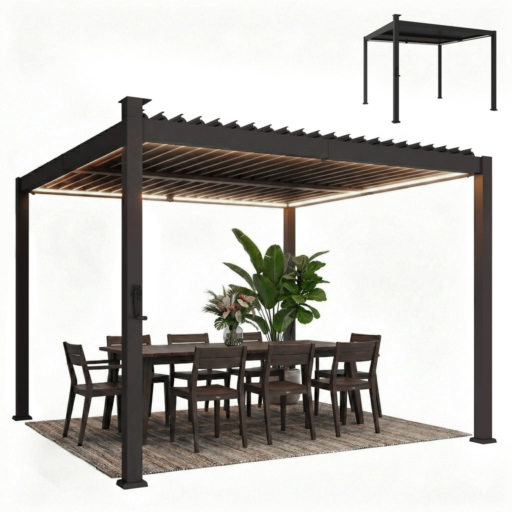 10 x 10 ft Louvered Pergola with Solar LED lights, Metal Roof, Outdoor Pergola Gazebo with Drainage Gutters, Black