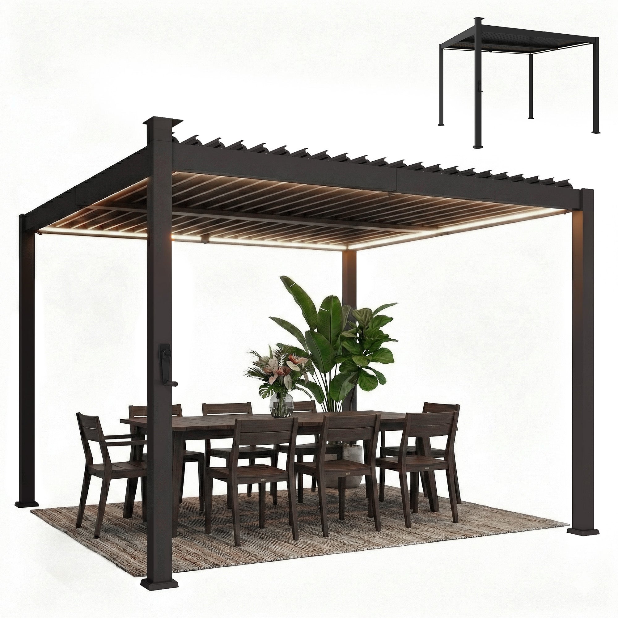 10 x 10 ft Louvered Pergola with Solar LED lights, Metal Roof, Outdoor Pergola Gazebo with Drainage Gutters, Black
