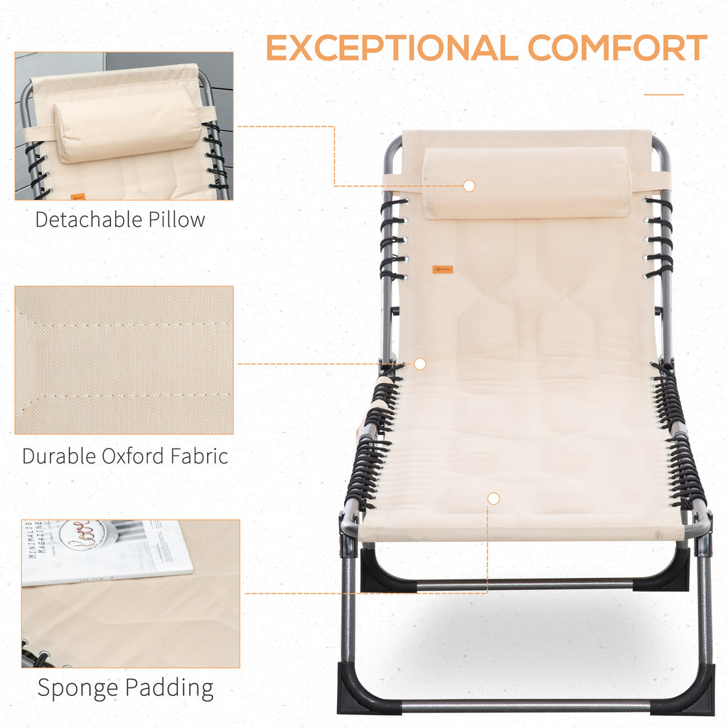 Outdoor Lounge Chair, Folding Chaise Lounge, Patio Padded Tanning Chair with 5-position Adjustable Backrest, Pillow and Pocket for Deck, Beach, Lawn and Sunbathing, Beige