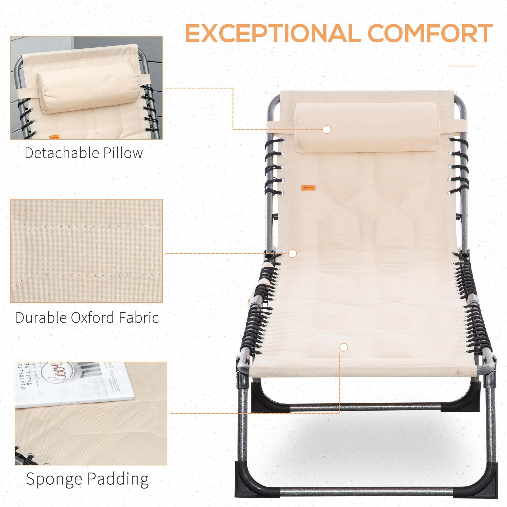 Outdoor Lounge Chair, Folding Chaise Lounge, Patio Padded Tanning Chair with 5-position Adjustable Backrest, Pillow and Pocket for Deck, Beach, Lawn and Sunbathing, Beige
