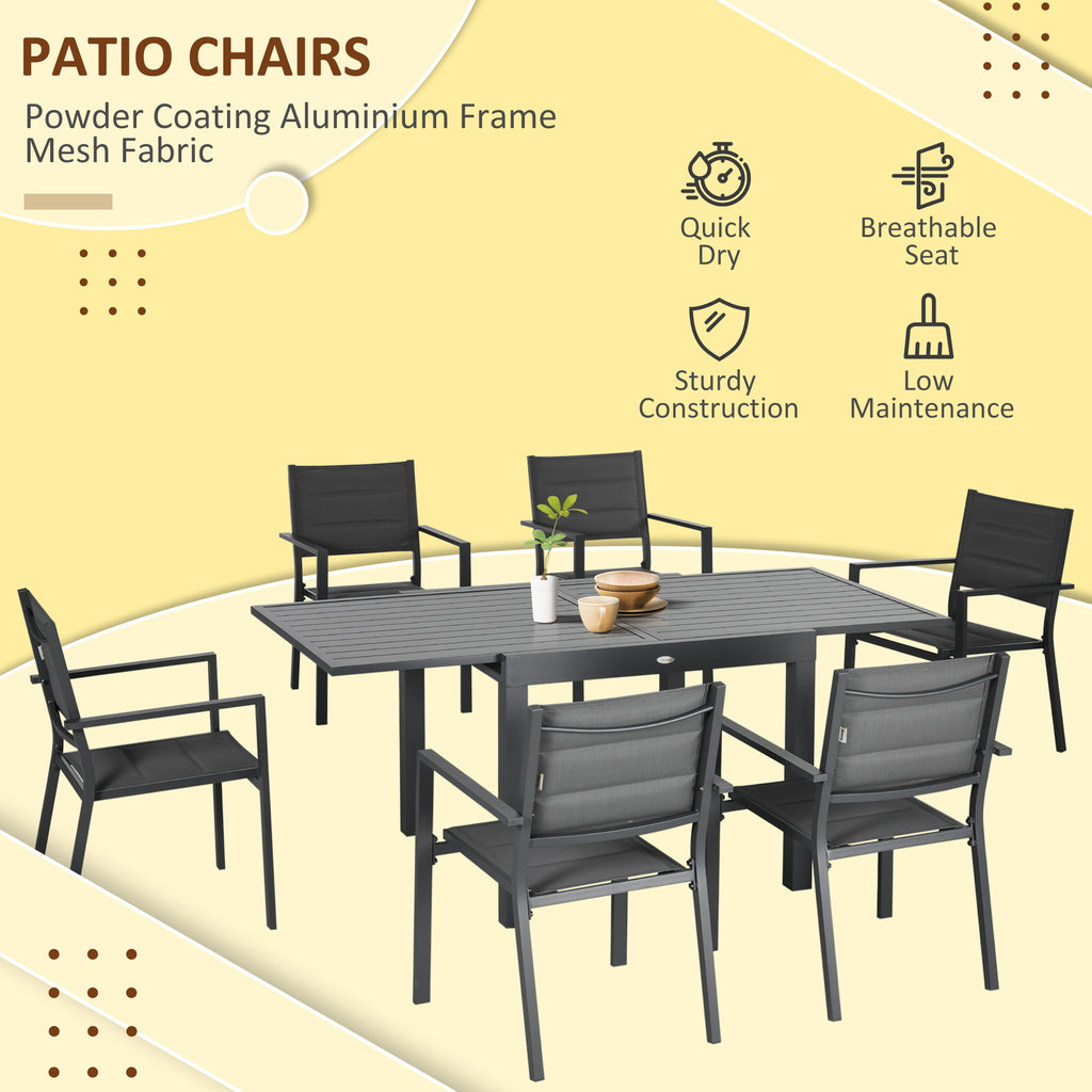 Patio Dining Set for 6, Aluminum Expandable Outdoor Table and 6 Stackable Chairs with Padded Back, Mesh Seat, Dark Grey