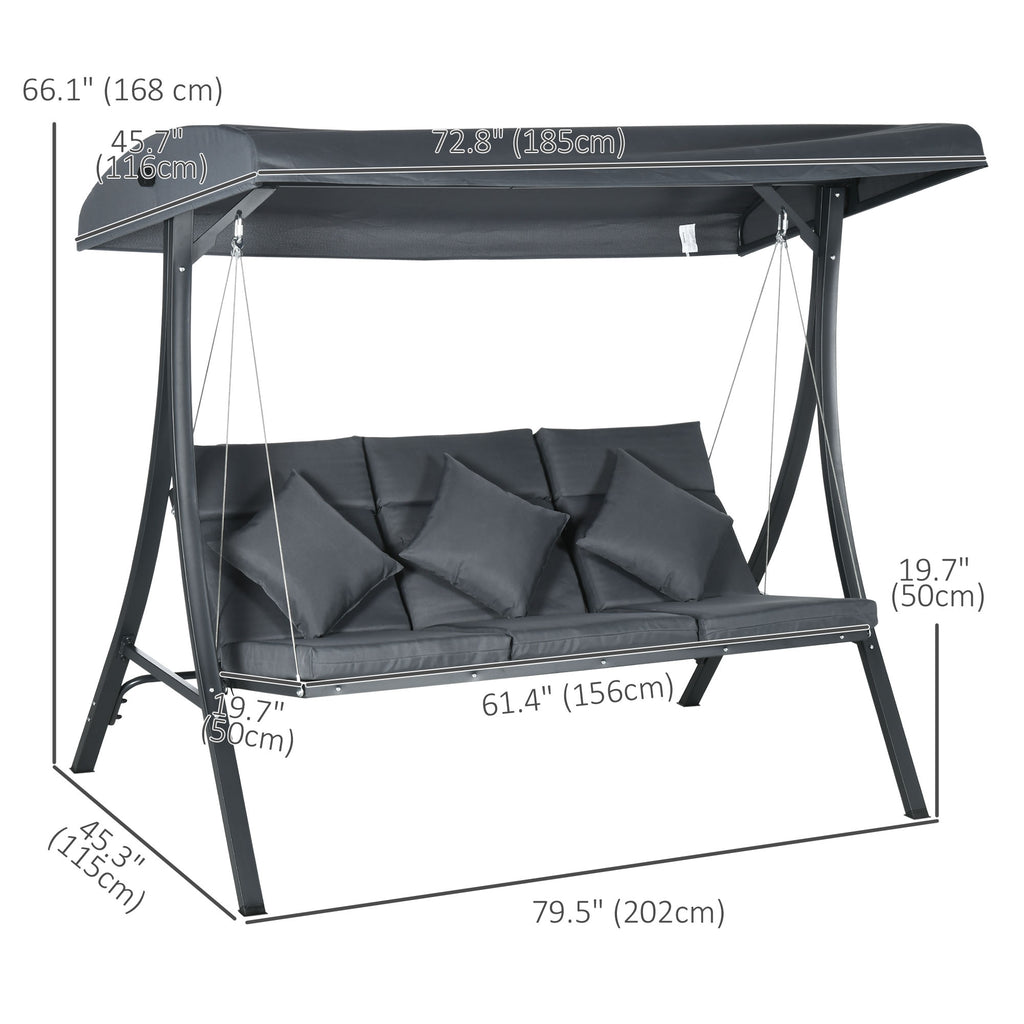 3-Person Patio Swing Chair, Outdoor Porch Swing Bench with Adjustable Canopy, Cushioned Seat, Dark Grey