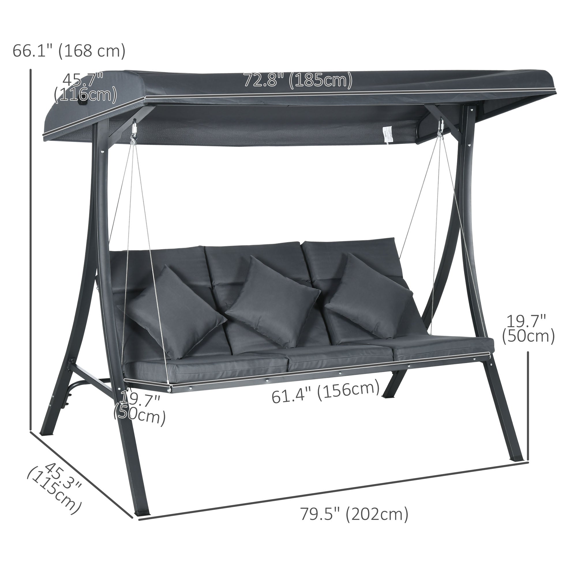 3-Person Patio Swing Chair, Outdoor Porch Swing Bench with Adjustable Canopy, Cushioned Seat, Dark Grey