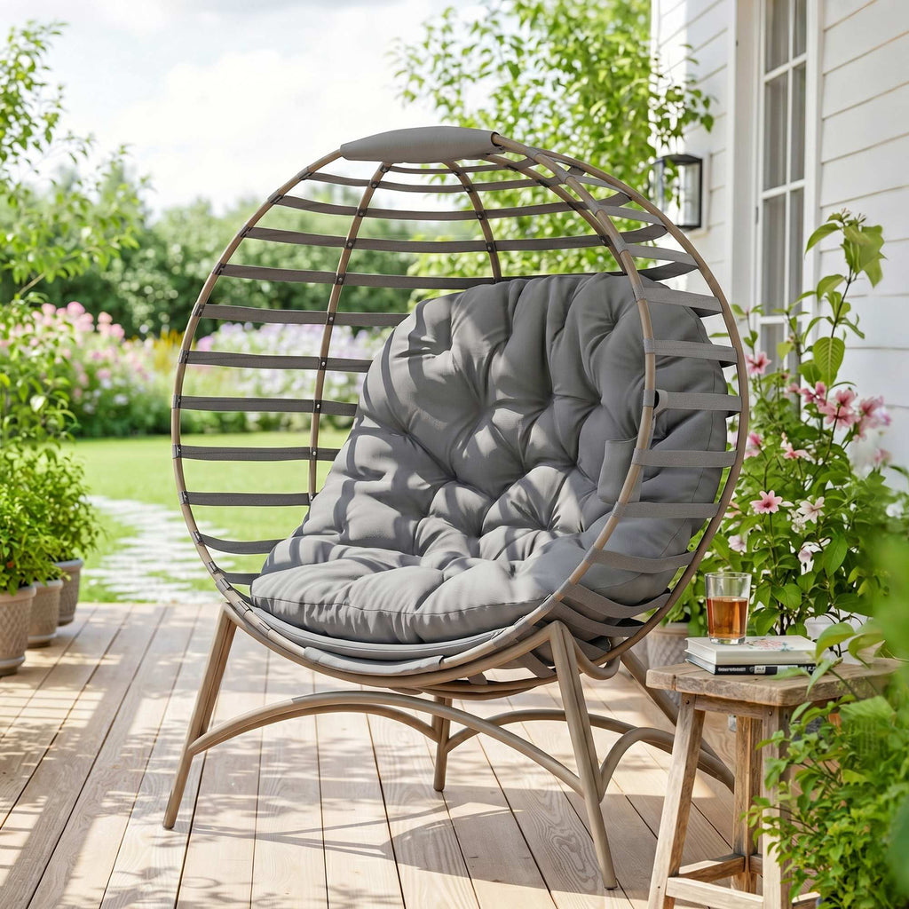 Egg Chair, Patio Lounge Chair, Foldable Basket Chair with Large Seat Cushion, Side Pocket, Light Grey