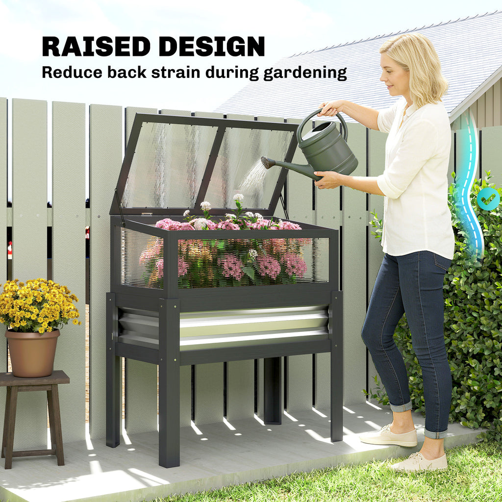 Raised Garden Bed with Flip-Up Greenhouse Top, Wooden Elevated Planter Box with Legs and Liner, Grey