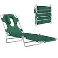 Folding Lounge Chair Outdoor, Tanning Chair with Face Hole Arm Slots, Beach Chaise Lounger with Pillow, 5-Position Adjustable Portable Sun Lounger Bed for Pool, Green