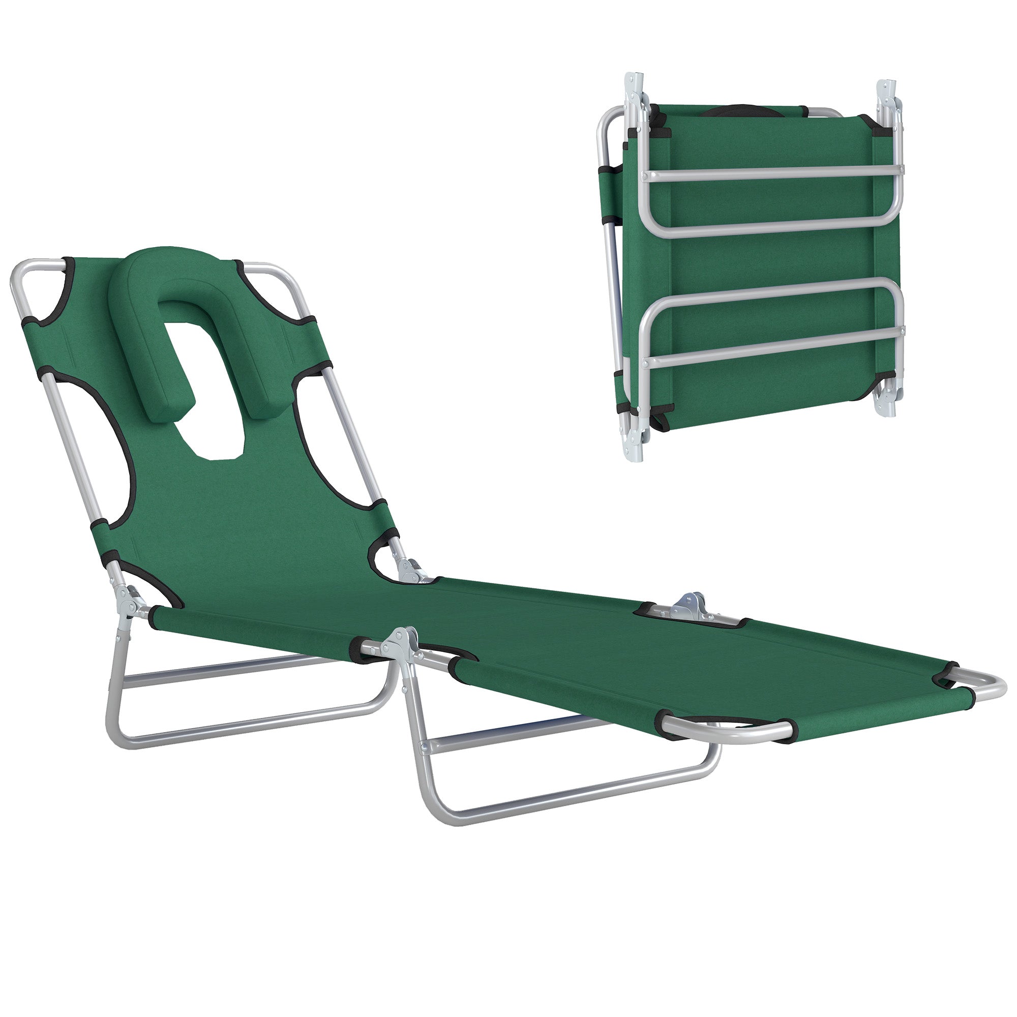 Folding Lounge Chair Outdoor, Tanning Chair with Face Hole Arm Slots, Beach Chaise Lounger with Pillow, 5-Position Adjustable Portable Sun Lounger Bed for Pool, Green