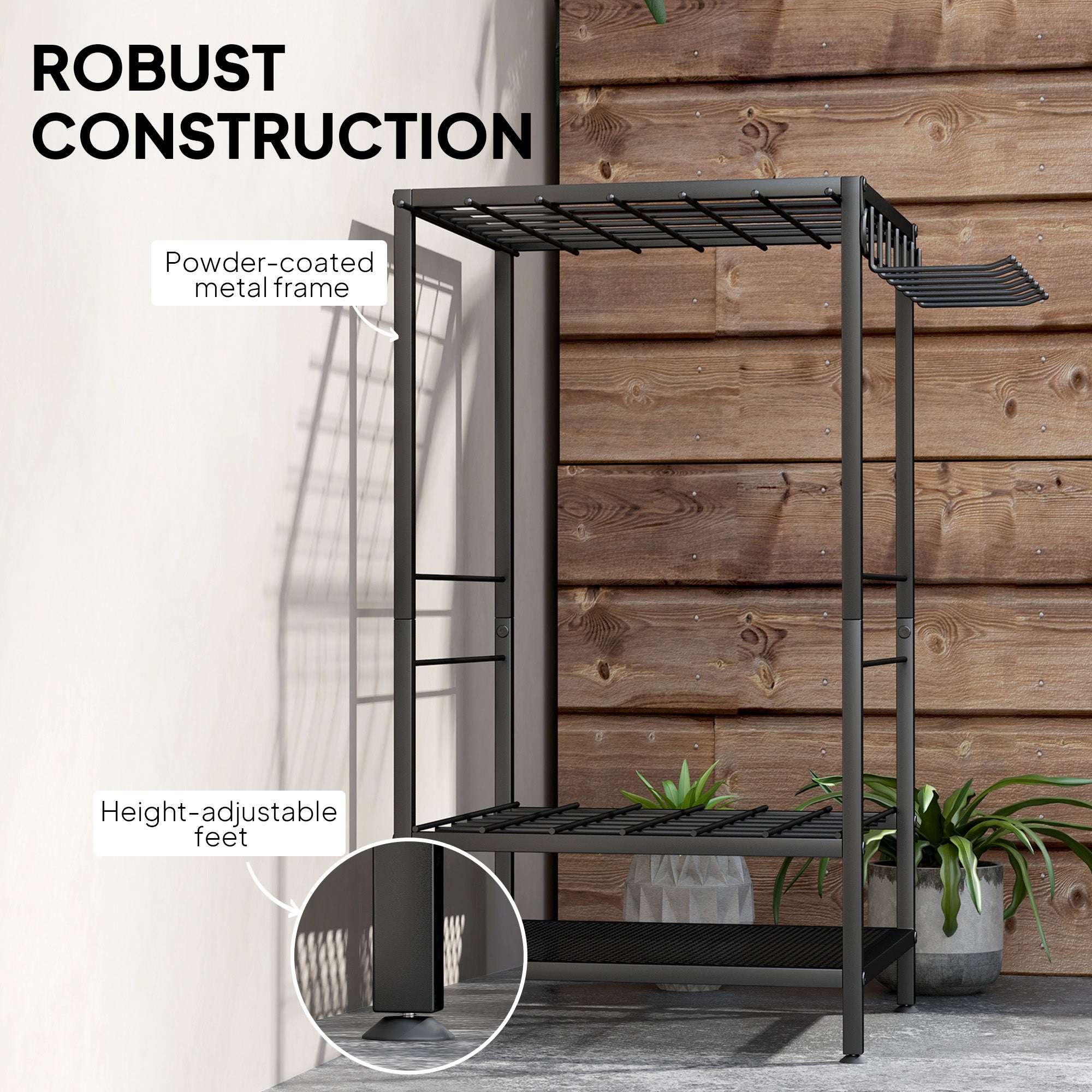 3-Tier Yard Tool Tower Rack, Garden Tool Organizer with 14 Hooks for Long-Handled Rakes, Shovel, Broom, Black