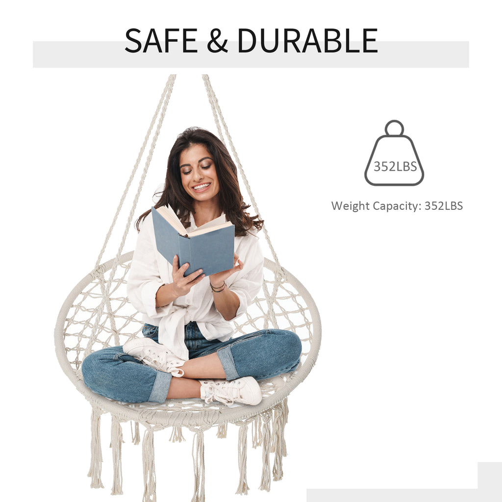 Patio Hammock Chair, Hanging Rope Hammock Swing for Indoor & Outdoor Use with Backrest, Cotton-Polyester Blend, Fringe Tassels, Cream White