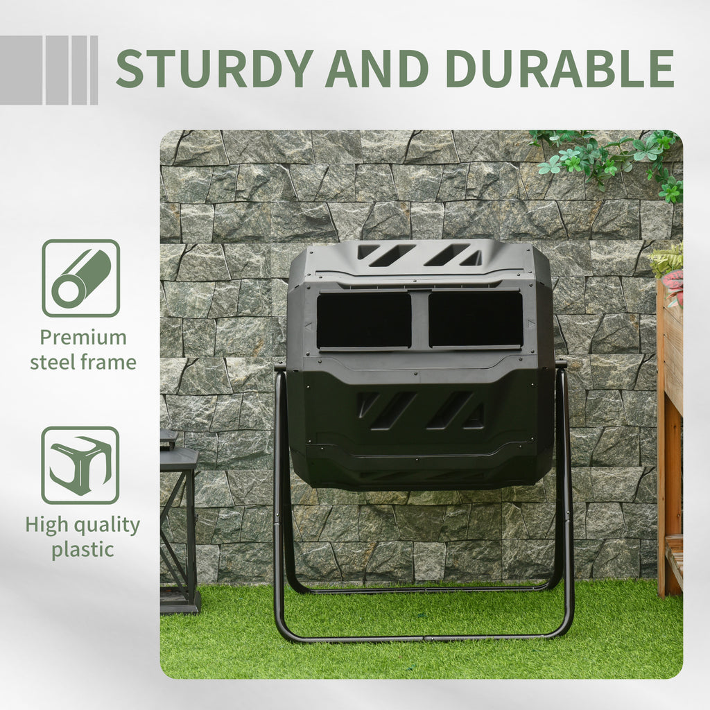 43 Gallon (160L) Tumbling Compost Bin Outdoor Dual Chamber 360Â° Rotating Composter with Sliding Doors, Solid Steel Frame and Gloves, Black