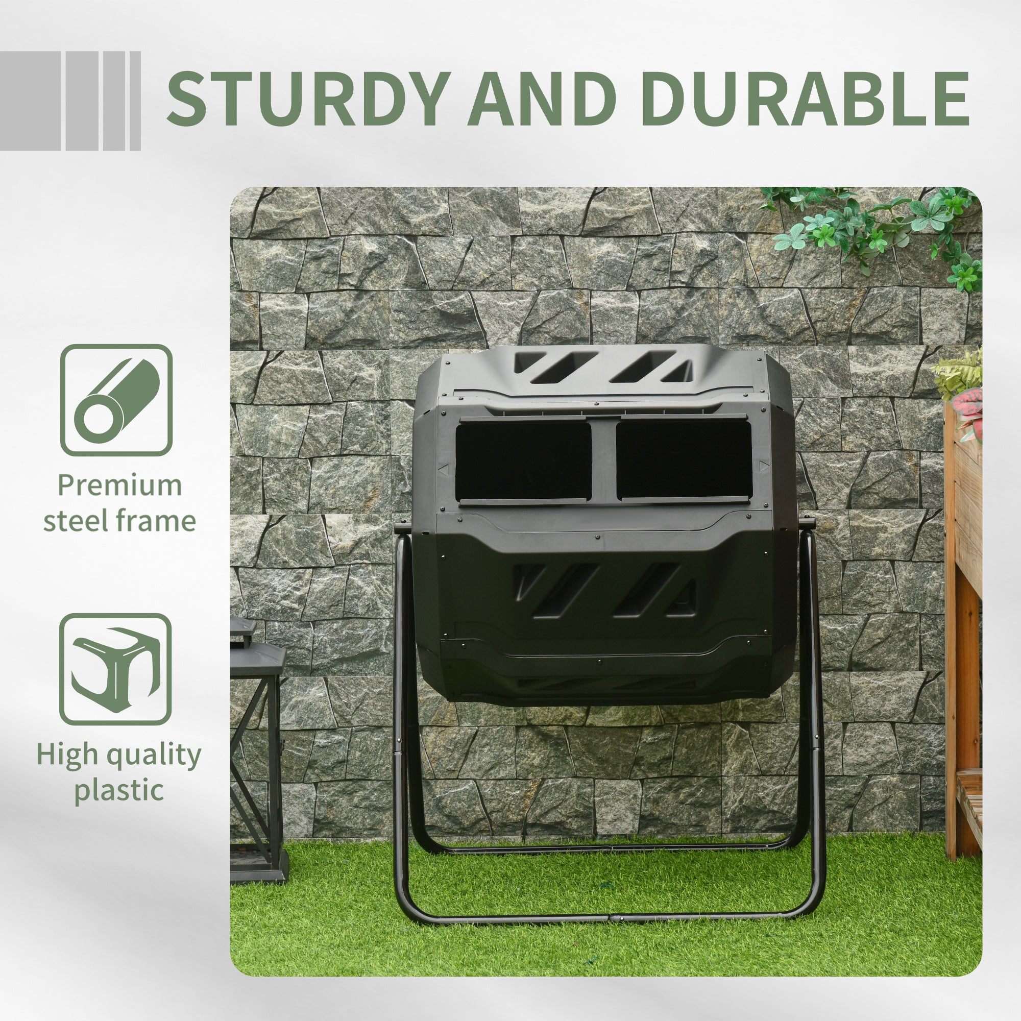 43 Gallon (160L) Tumbling Compost Bin Outdoor Dual Chamber 360Â° Rotating Composter with Sliding Doors, Solid Steel Frame and Gloves, Black
