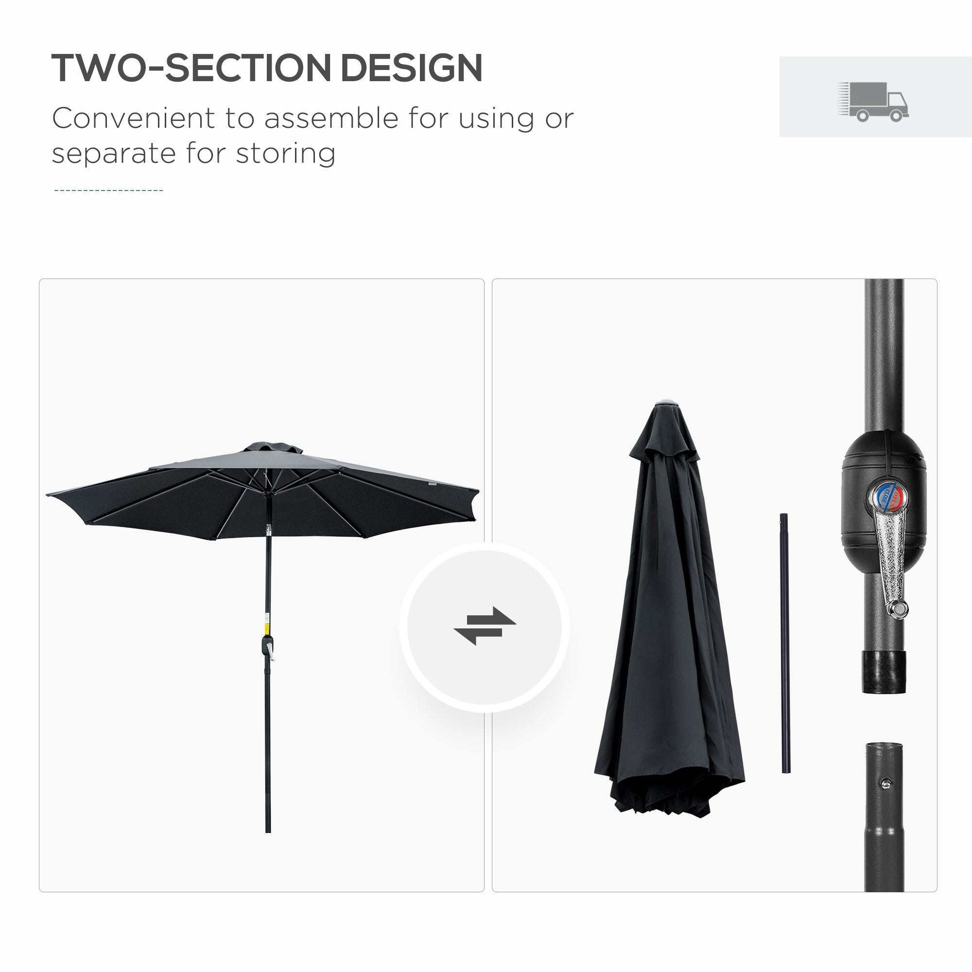 10' x 8' Round Market Umbrella, Patio Umbrella with Crank Handle and Tilt, Outdoor Parasol for Garden, Black
