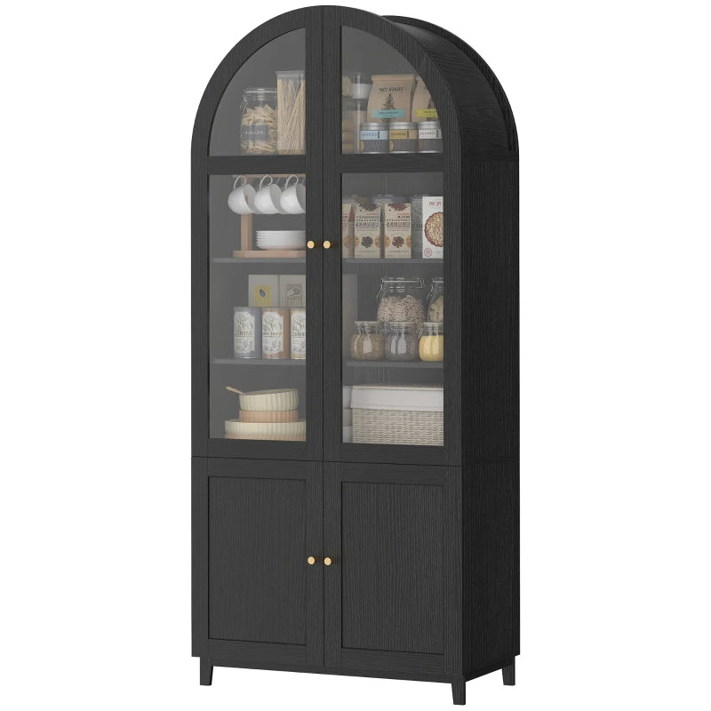 Black farmhouse kitchen pantry cabinet with acrylic glass doors