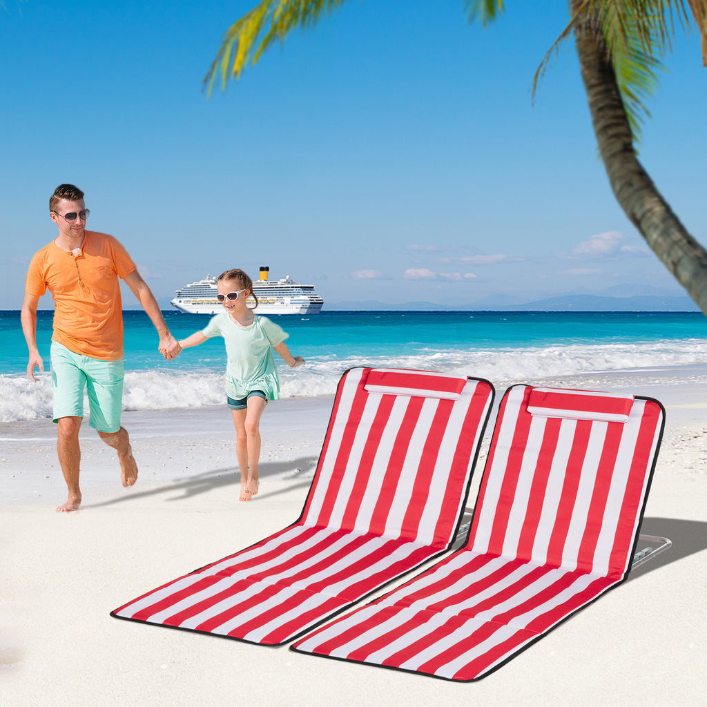 Set of 2 Beach Lounge Chair Sun Lounger, Folding Ground Beach Mat w/ Adjustable Back, Steel Frame, Head Pillow and Carry Bag for Backyard Lakeside, Red and White