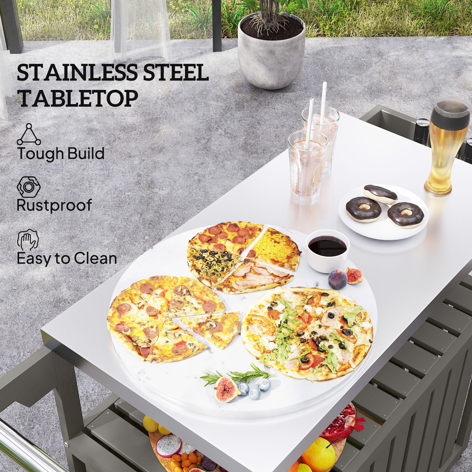 Outdoor Bar Cart with Storage Cabinet, Stainless Steel Outdoor Bar Table Top, Wheeled HDPE Kitchen Island for Food Prep