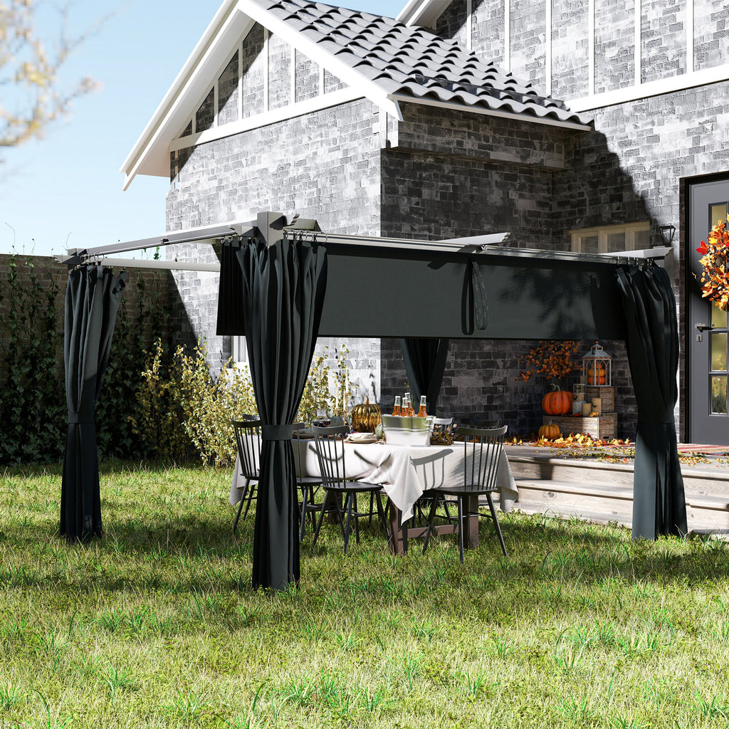 10' x 13' Pergola with Retractable Canopy and Curtains, UPF30+ Sun Shade Shelter for Grill, Garden, Backyard, Deck