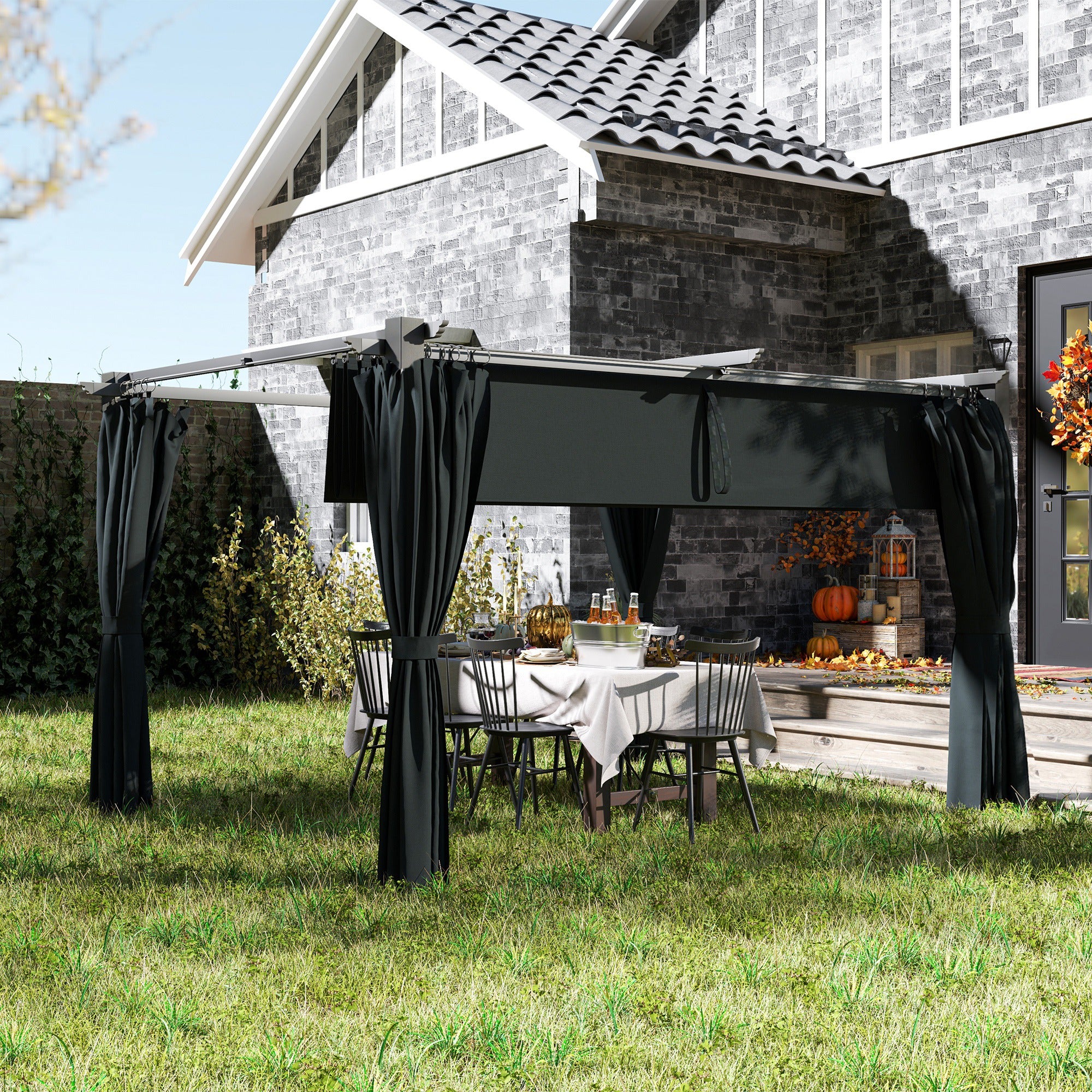 10' x 13' Pergola with Retractable Canopy and Curtains, UPF30+ Sun Shade Shelter for Grill, Garden, Backyard, Deck