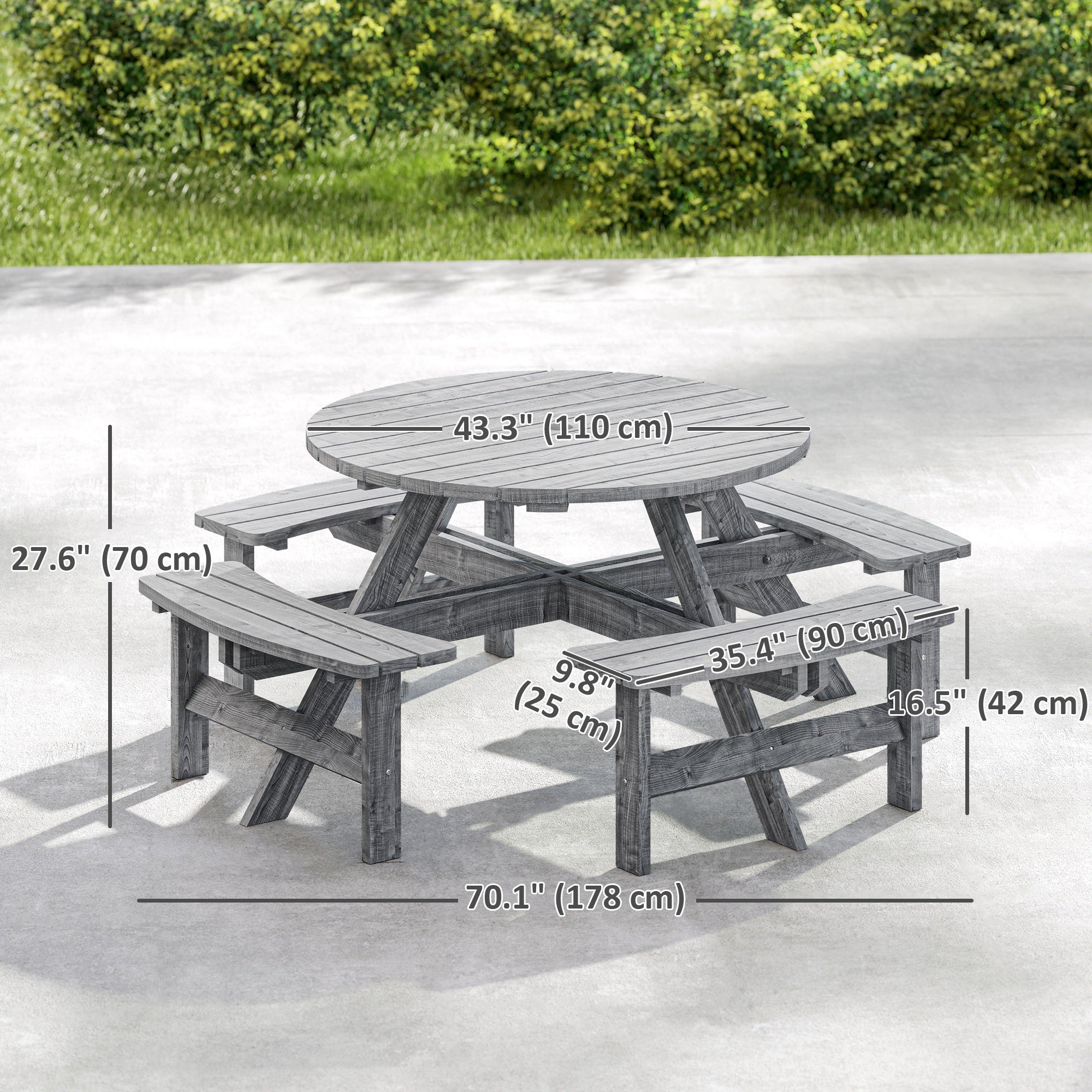 8 Seater Round Wooden Pub Bench & Picnic Table, Patio Dining Set for Outdoor Patio (Umbrella Not Included)