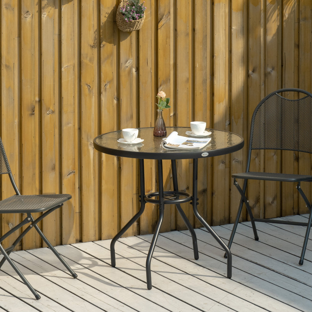 31.5" Round Outdoor Dining Table Coffee Side Bistro Table with Umbrella Hole, Glass Top, Steel Frame for Garden, Patio
