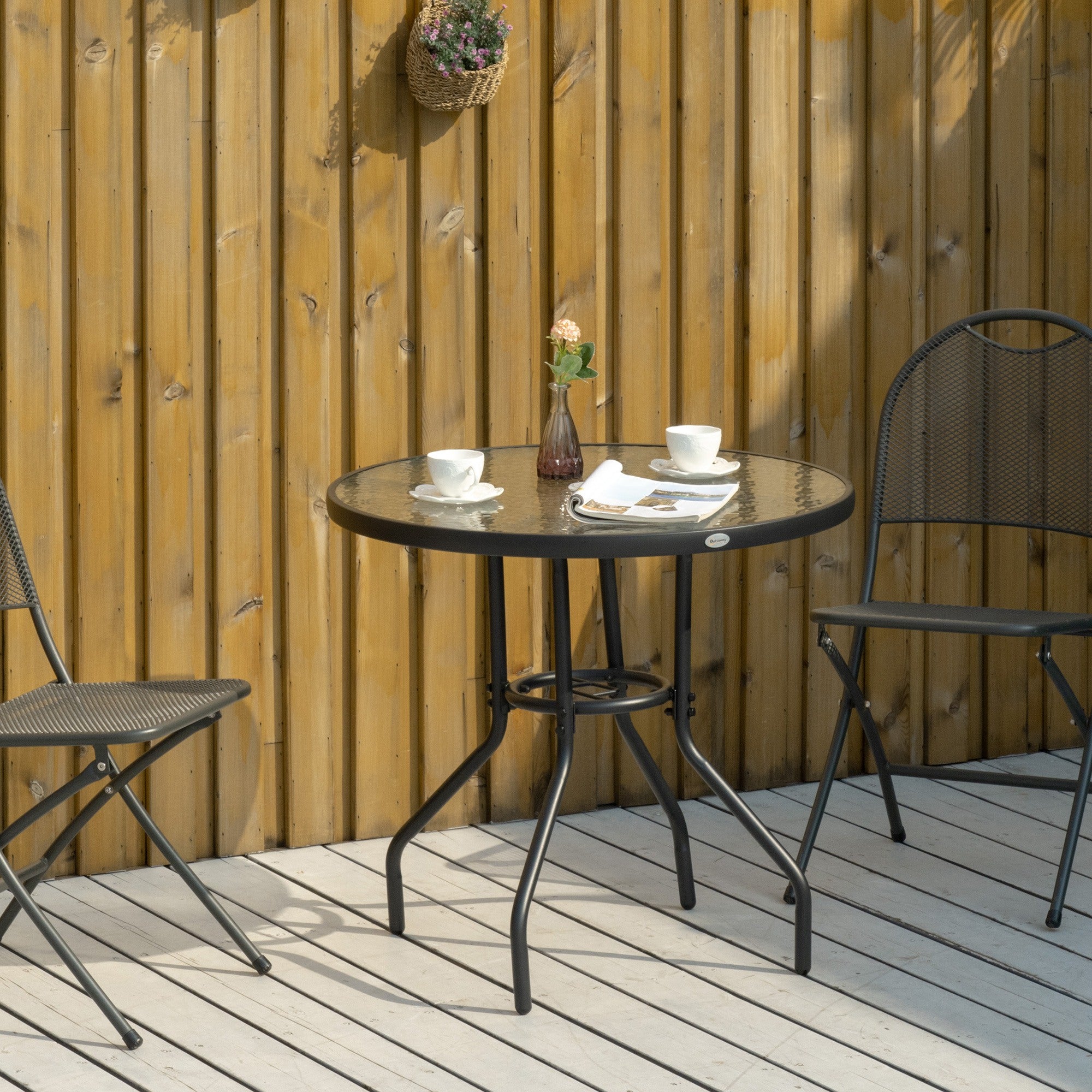 31.5" Round Outdoor Dining Table Coffee Side Bistro Table with Umbrella Hole, Glass Top, Steel Frame for Garden, Patio