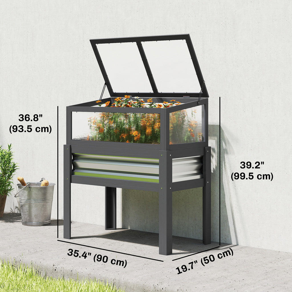 Raised Garden Bed with Flip-Up Greenhouse Top, Wooden Elevated Planter Box with Legs and Liner, Grey